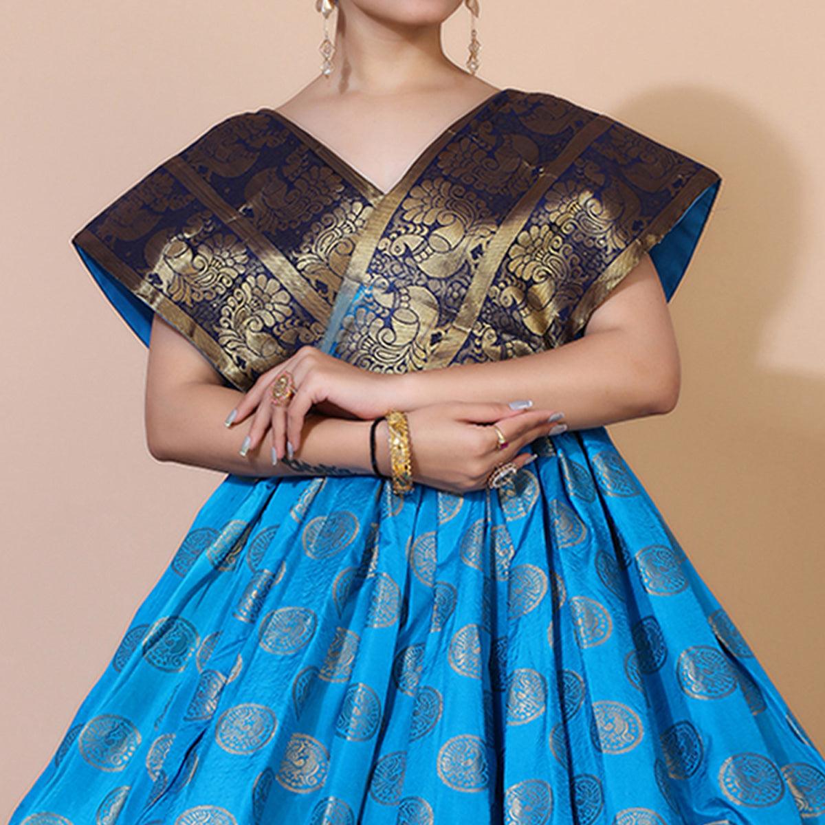 Peachmode Seller Blue Woven Jacquard Anarkali Style Gown - view 2