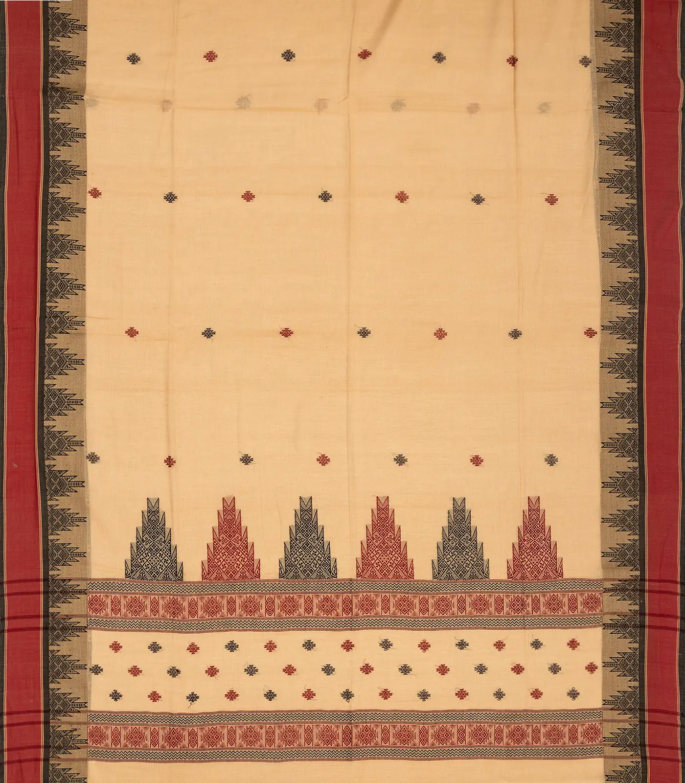 RmKV Beige Handloom Bengal Cotton Saree With Temple Border - view 2