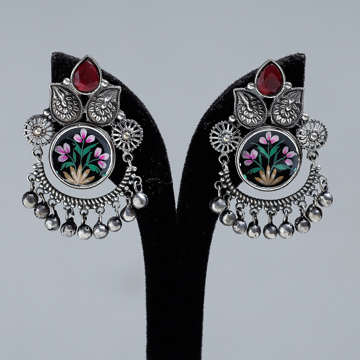 WHITE RIVER STORIES Antique Silver Finish Oxidised Brass Base Enamel & Stone Work Earrings - view 2