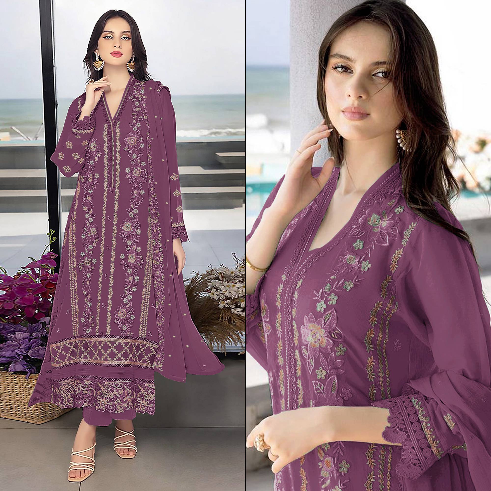 Peachmode Dark Mauve Floral Embroidered Georgette Semi Stitched Pakistani Suit