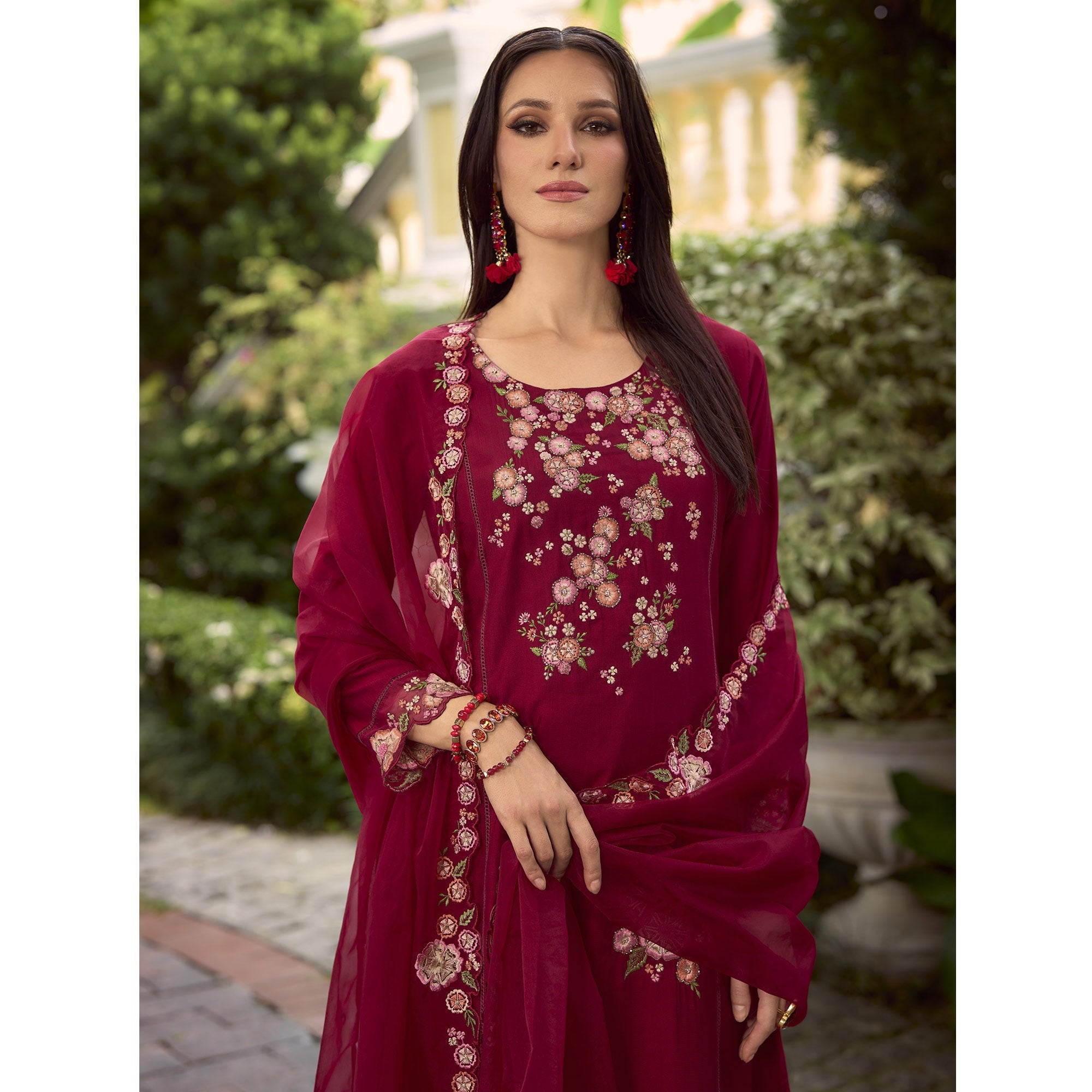 Peachmode Maroon Floral Handwork Embroidered Viscose Salwar Suit - view 5