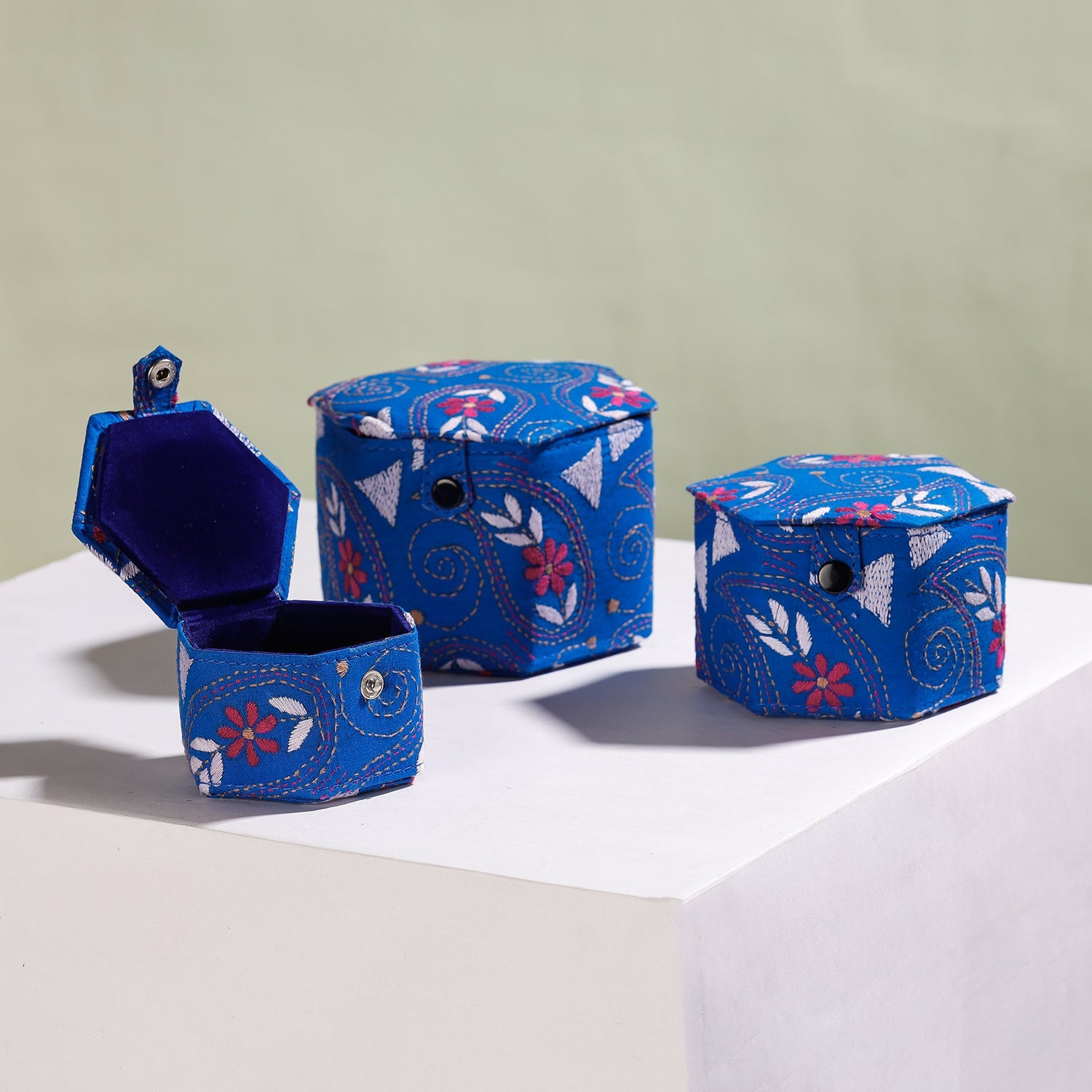 ASALKAAR Blue - Bengal Kantha Work Handcrafted Hexagon Jewelry Box (Set of 3) - view 2
