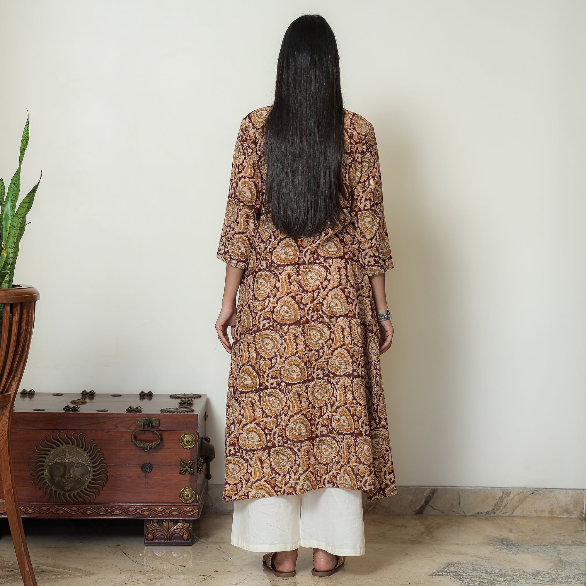 ITOKRI CASUALS Brown - Kalamkari Hand Block Printed Mul Cotton Pintuck A-Line Kurta 03 - view 4
