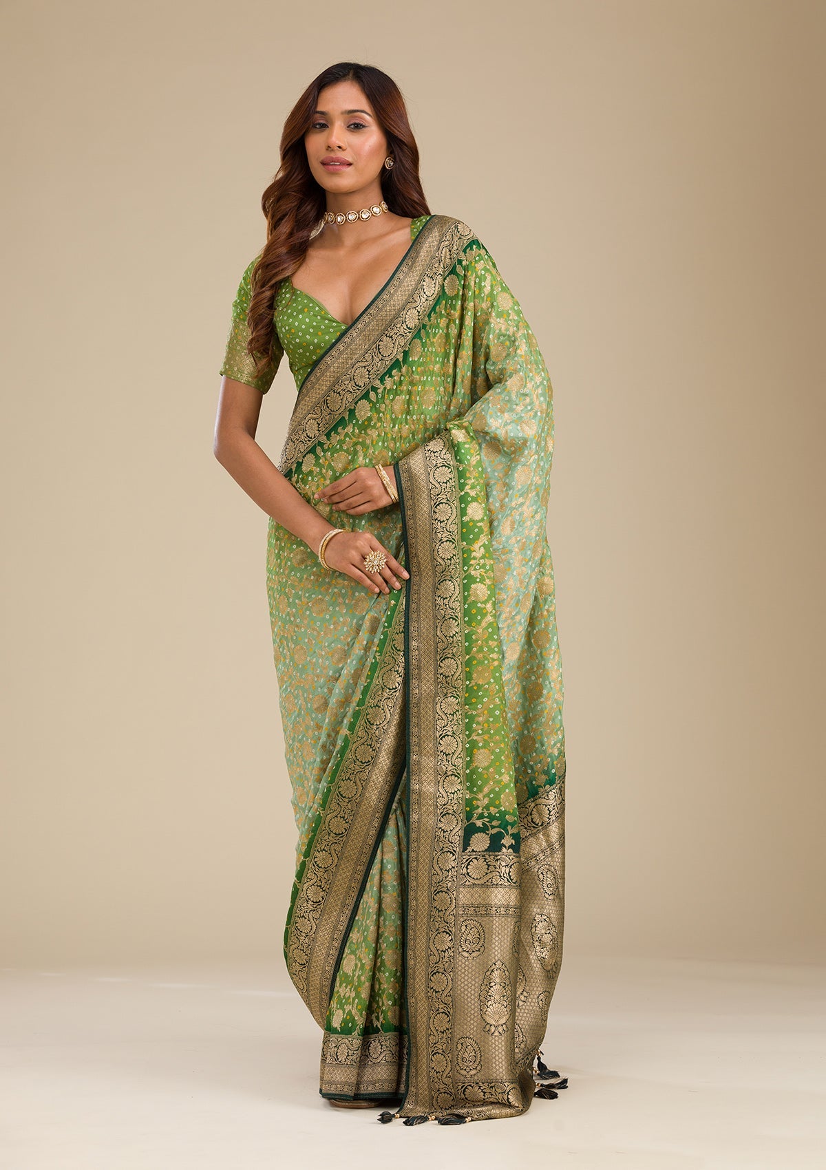 Koskii Leaf Green Zariwork Georgette Saree – Women's