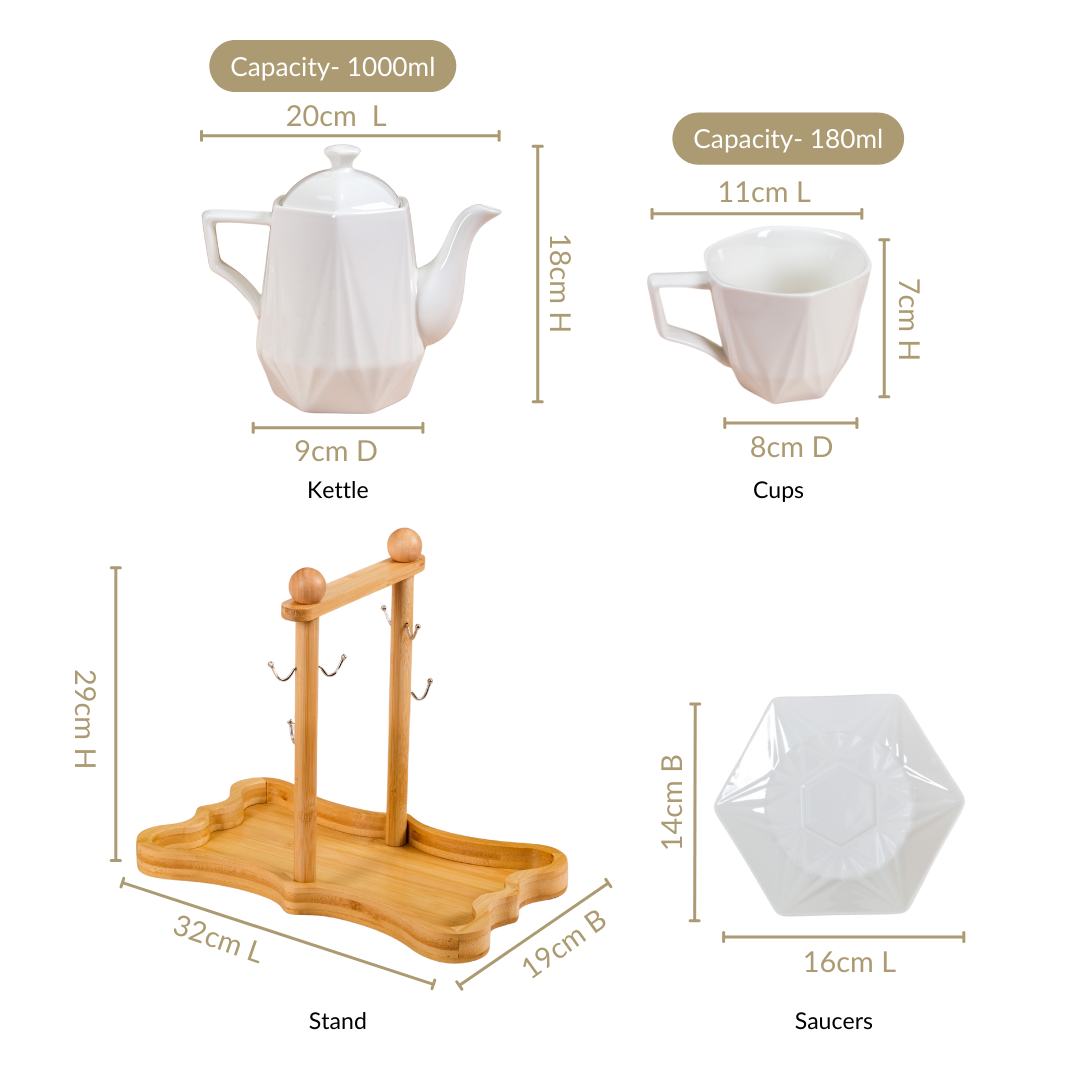 Nestasia Hexagonal Minimalist White Tea Set With Wooden Stand - view 4