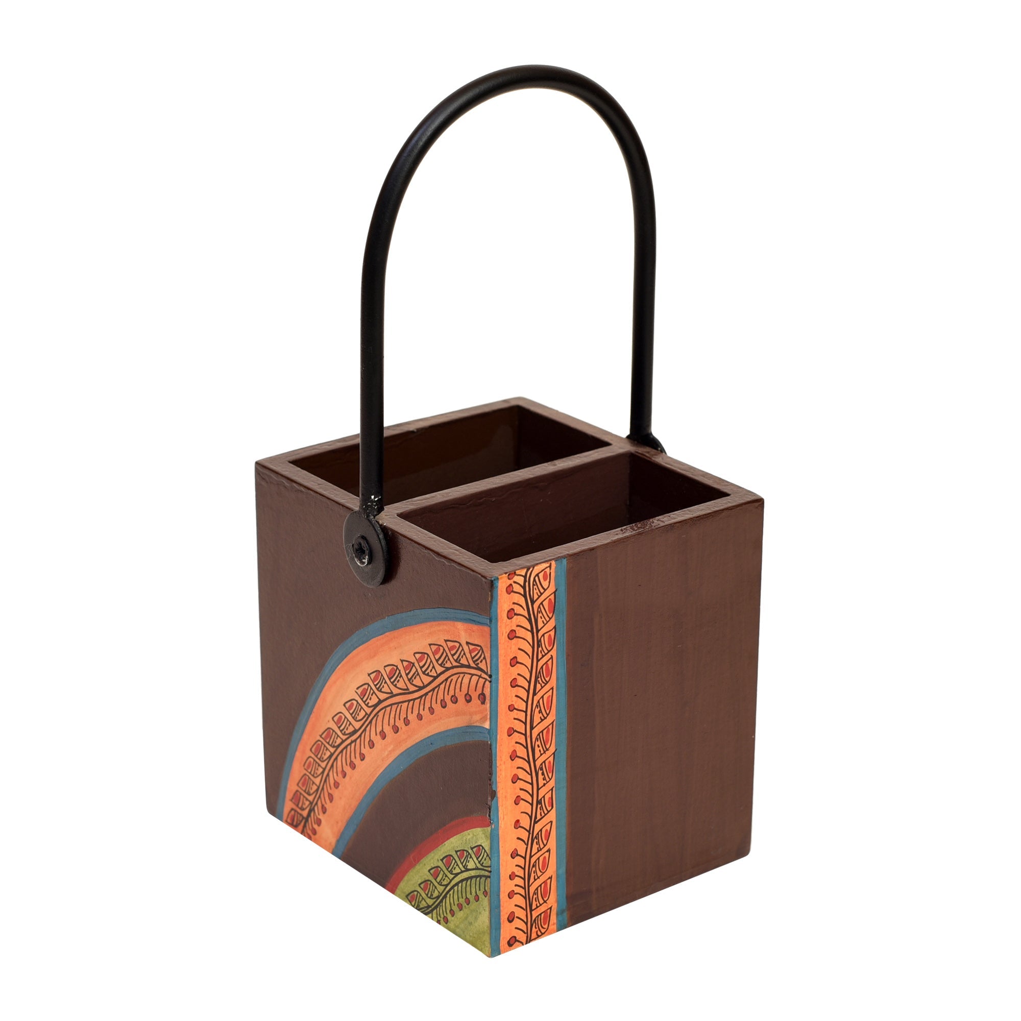 ART CREATIONS BY SUMAN SONTHALIA Brown - Cutlery Stand with Floral Patterns Handcrafted in Wood with Iron Handle (4x4x8.5) - view 3