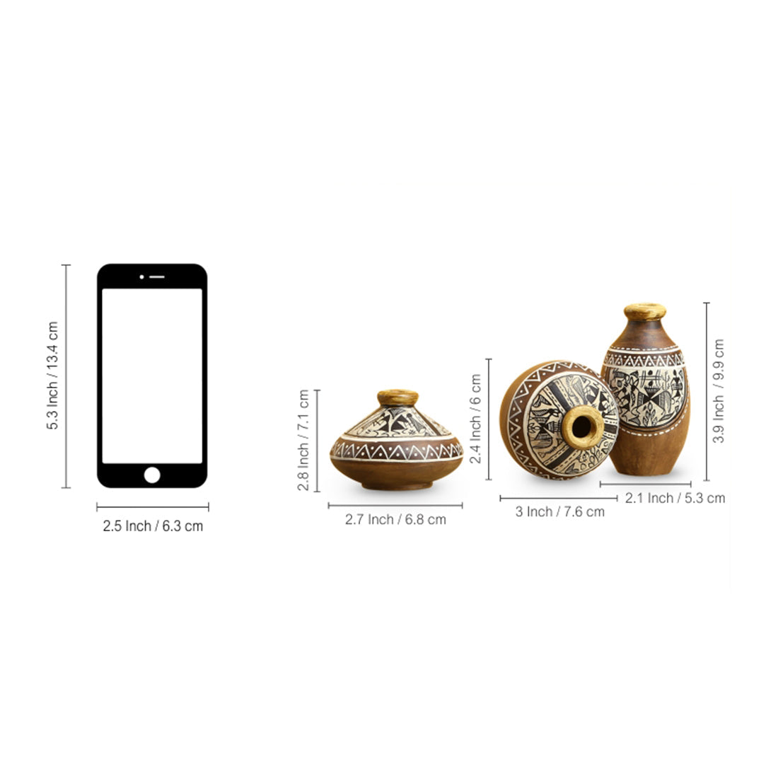 EXCLUSIVELANE 'Three Little Terracotta Pots Showpieces' with Warli Handpainted In Natural Mud Brown (Set Of 3) - view 5