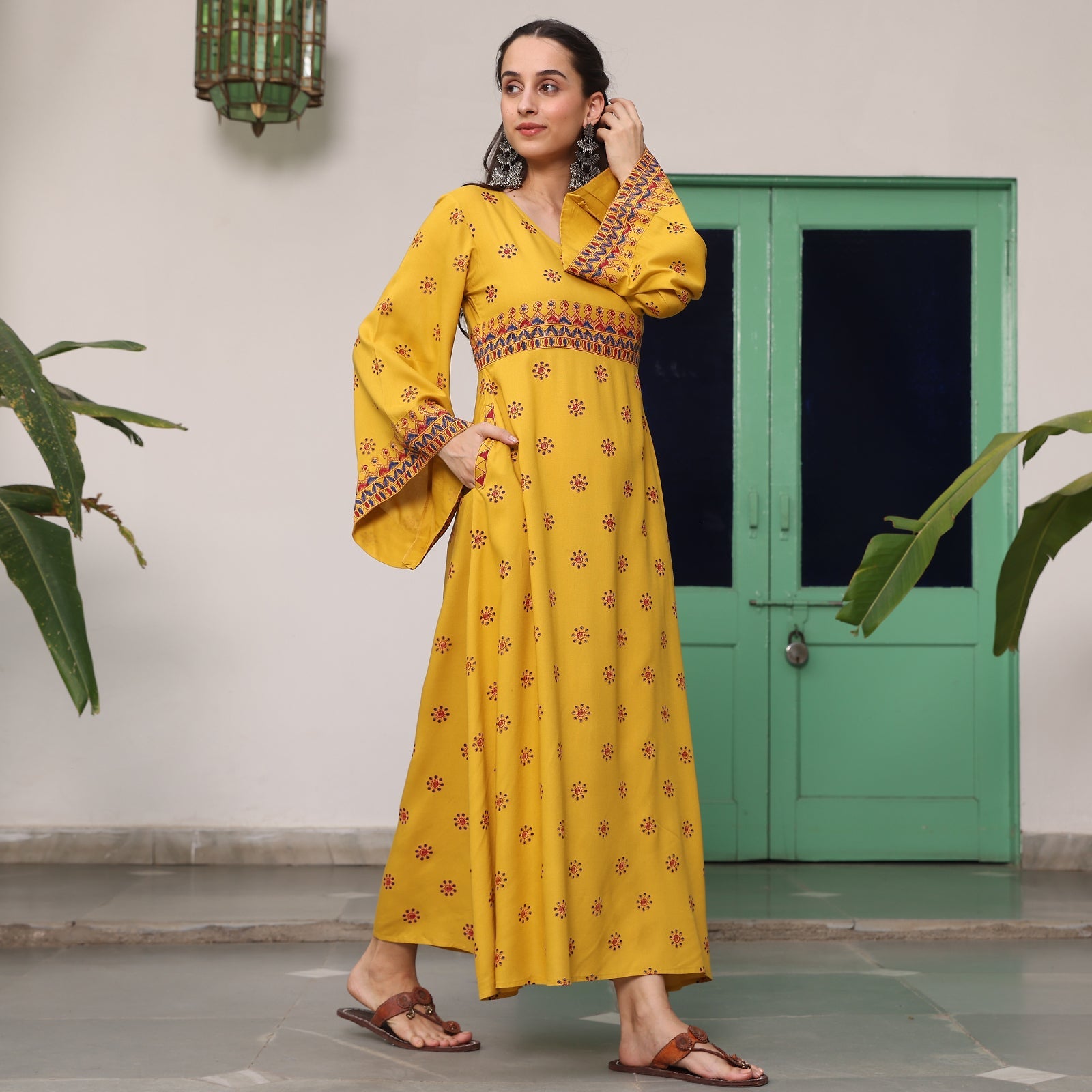 BlackTree Yellow Maxi Dress with Flared Sleeves - view 5