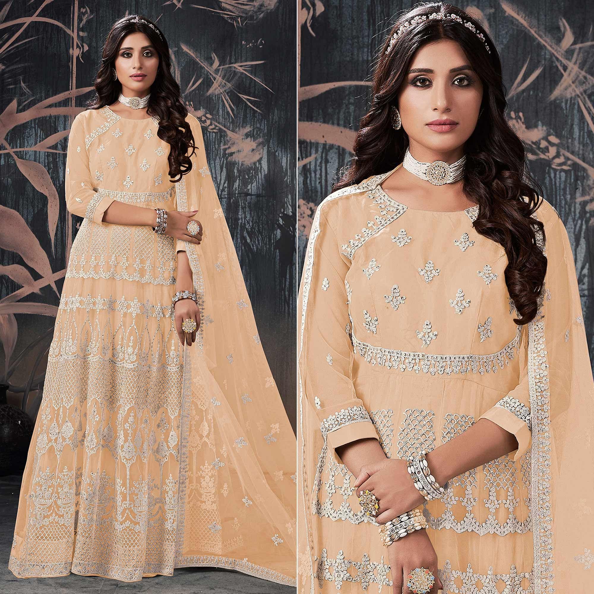 Peachmode Seller Cream Partywear Embroidery With Embellished Net Gown