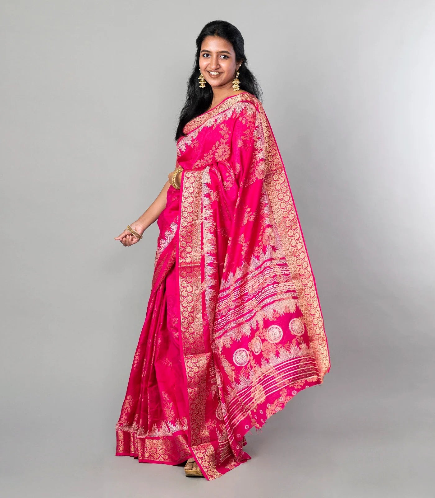 RmKV Hot Pink Woven Dola Synthetic Saree With Floral Motifs - view 4