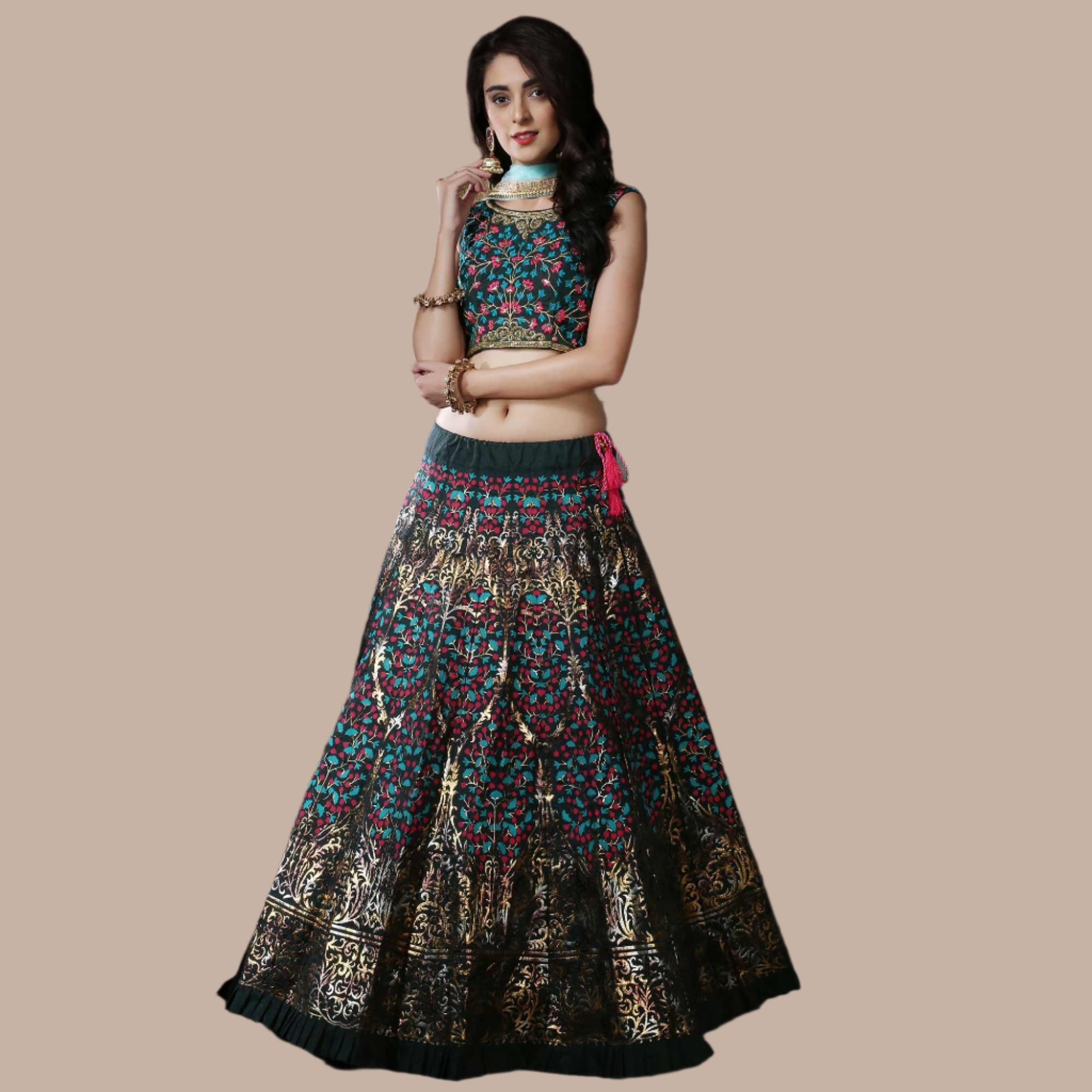 Peachmode Eye-catching Green Colored Party Wear Foil Printed Thai Silk Lehenga Choli