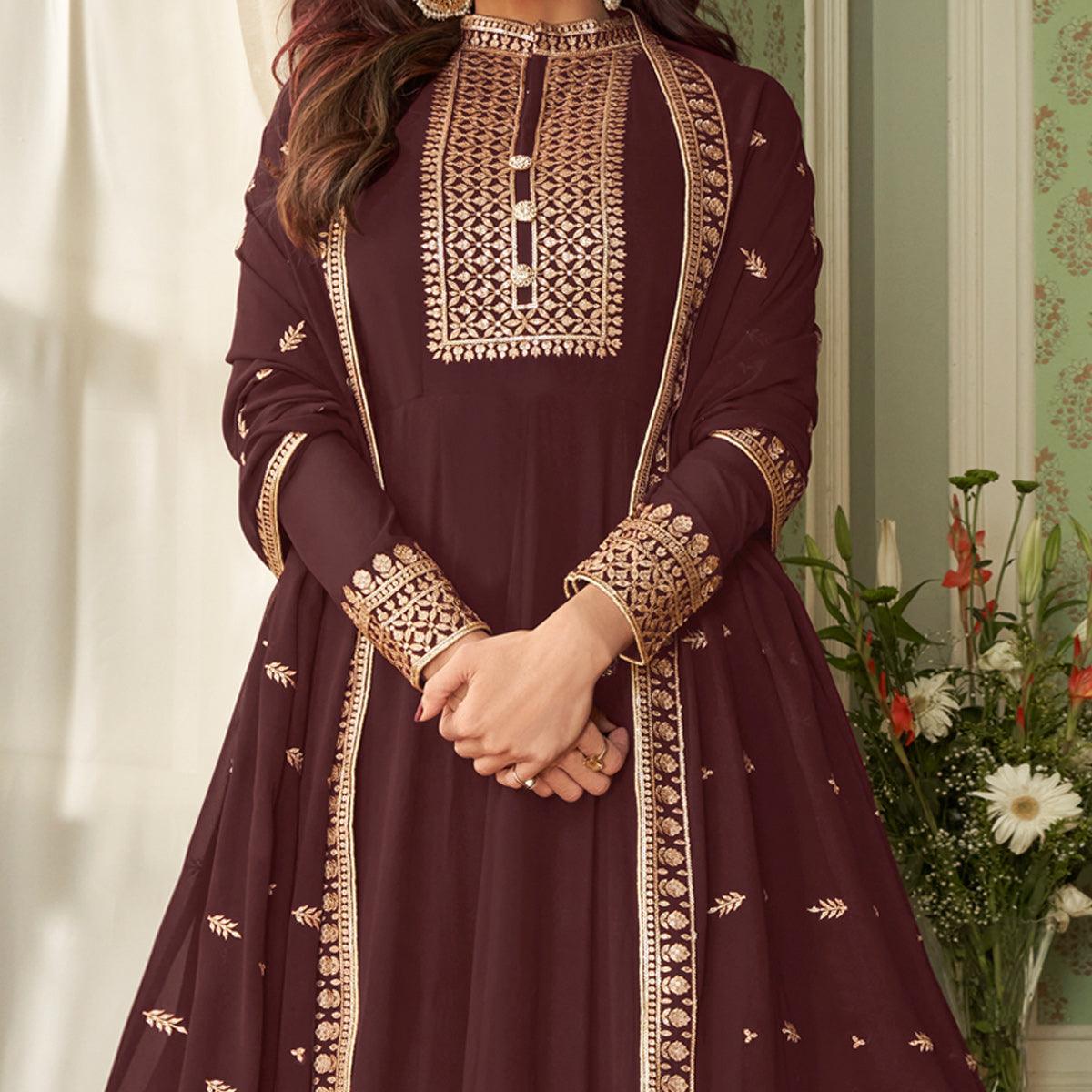 Peachmode Seller Brown Partywear Woven Georgette Anarkali Suit - view 2