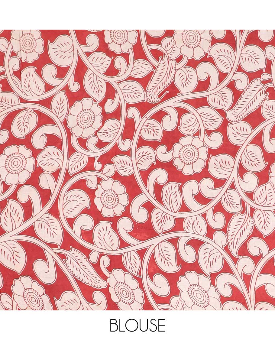 Pothys Brown floral & bird machine-print kalamkari cotton saree, contrast diamond border & floral & geometric pallu - view 2