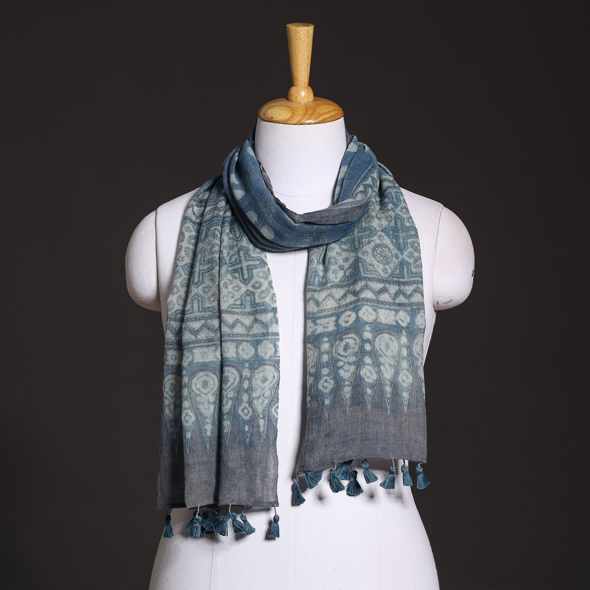 AJRAKH BY SUFIYAN ISMAIL KHATRI Blue - Ajrakh Hand Block Printed Pure Woolen Stole