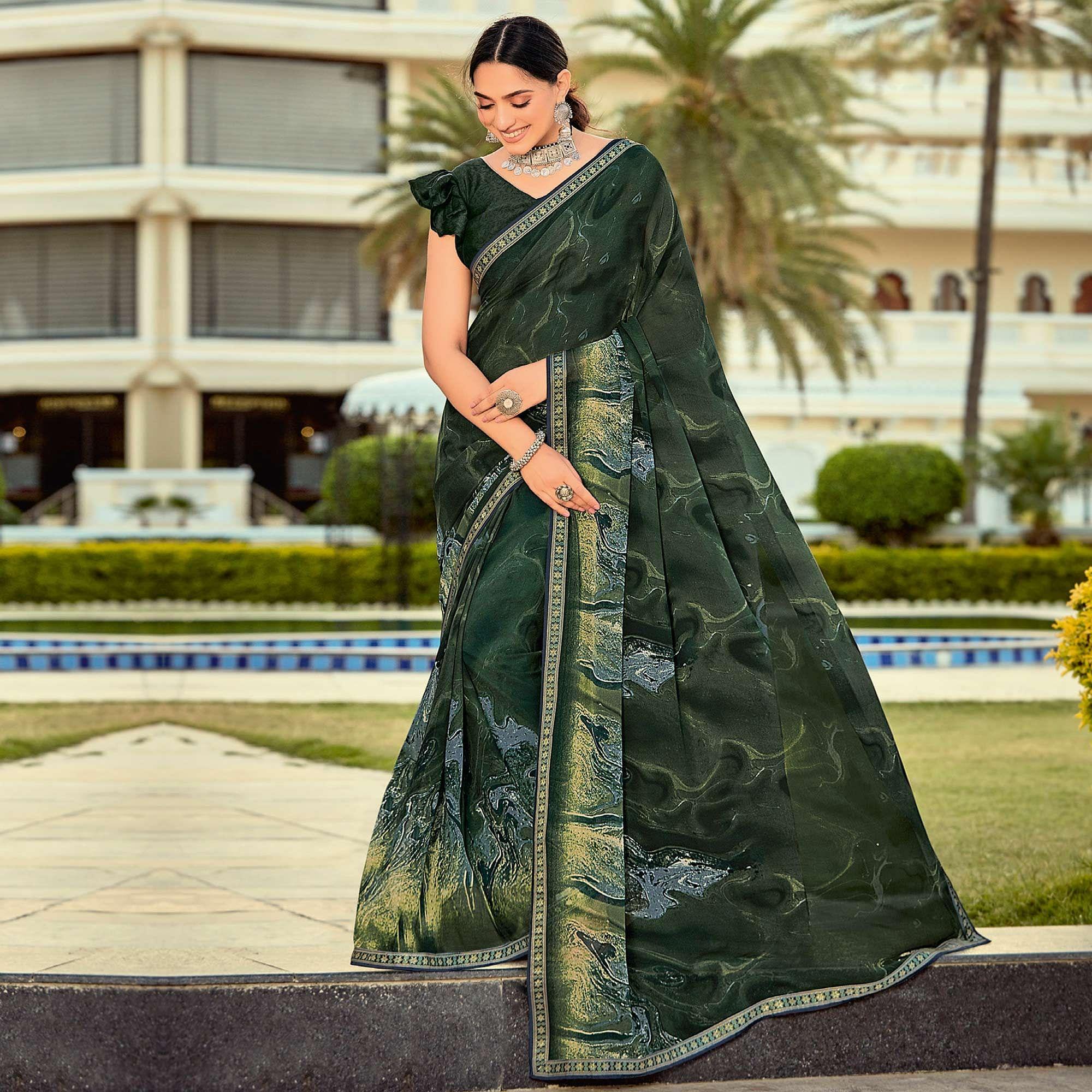 Peachmode Dark Green Casual Wear Printed Georgette Saree
