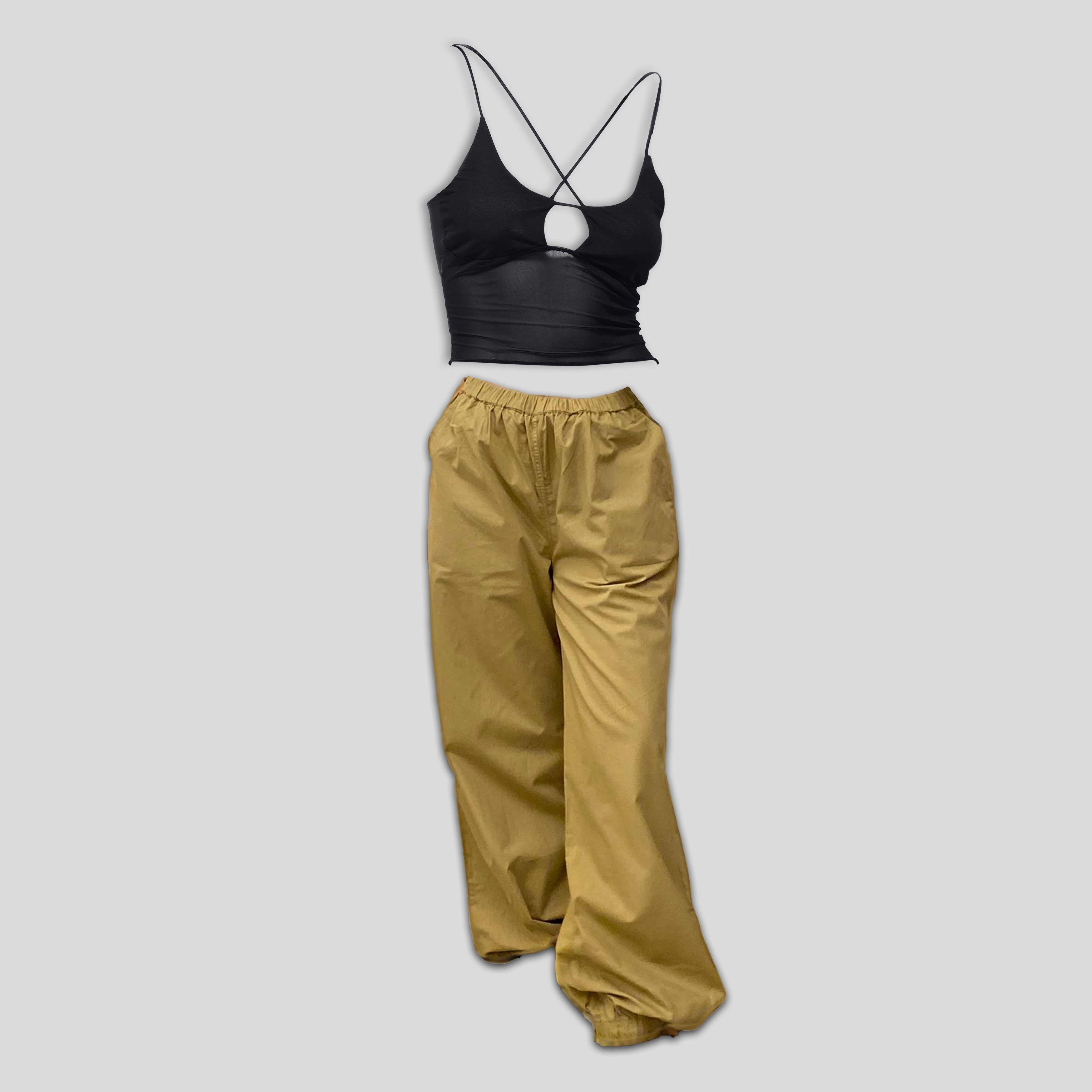 Mesh top khaki – I Z F Black Mesh Top & Khaki Parachute Pants