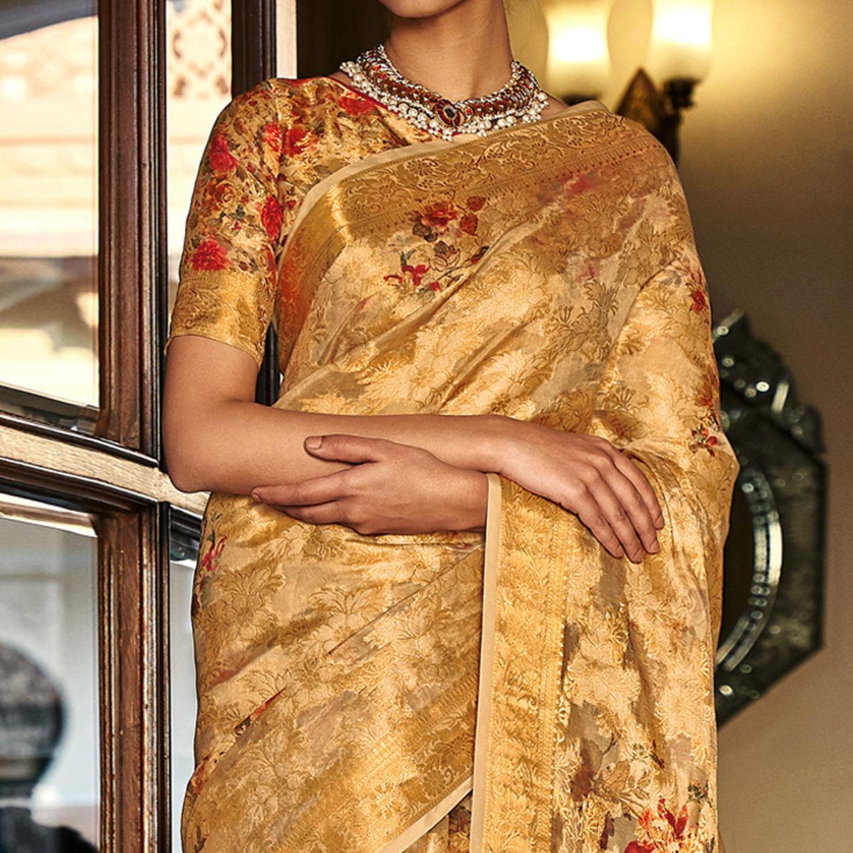 Peachmode Cream Woven With Printed Cotton Silk Saree With Tassels - view 2
