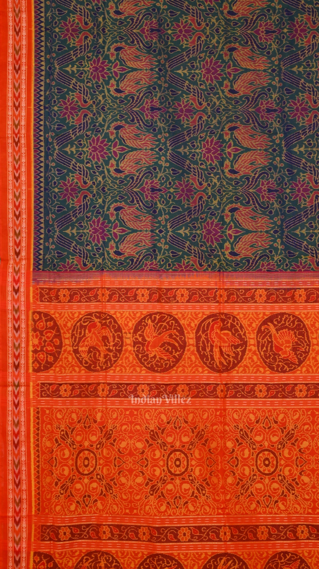 IndianVillèz Green Lotus & Peacock Theme Sambalpuri Cotton Saree - view 2
