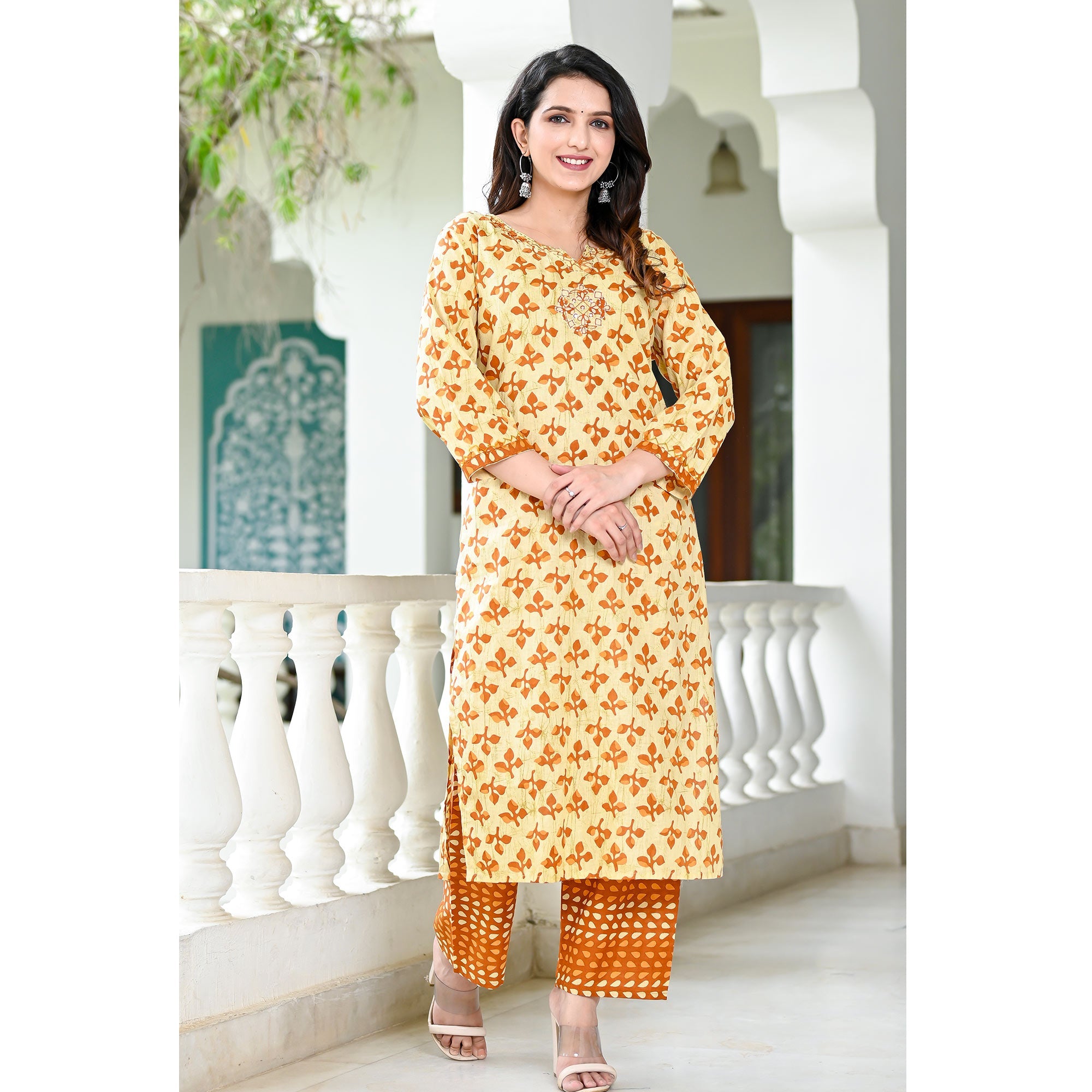 Peachmode Cream Brown Floral Printed Pure Cotton Suit - view 8