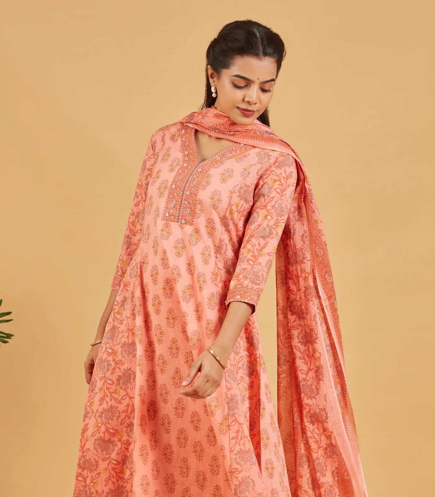 RmKV Peach Floral Printed Kurta Set With Matching Dupatta - view 2
