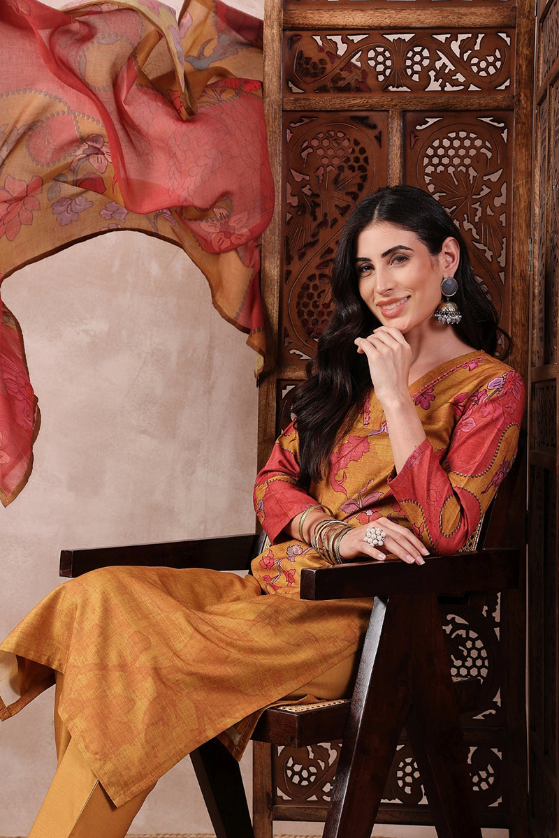 Ahika Mustard Rayon Blend Floral Printed Straight Trouser Bottom Suit Set PKSKD2548YLW
