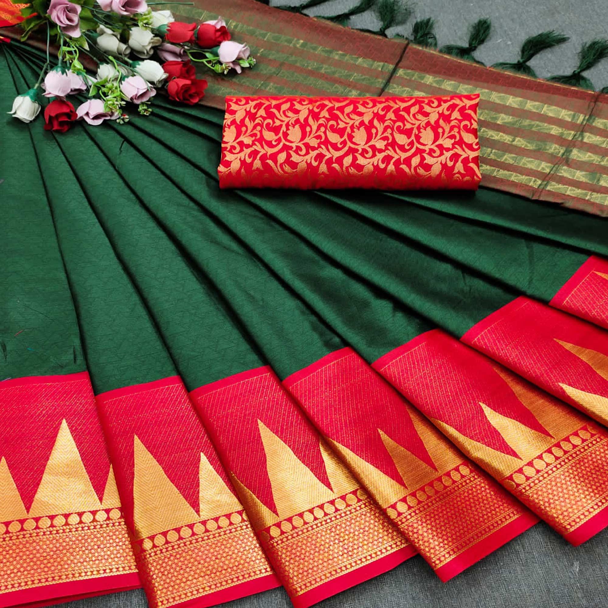 Peachmode Bottle Green Festive Wear Jacquard Woven Border Heavy Cotton Silk Saree