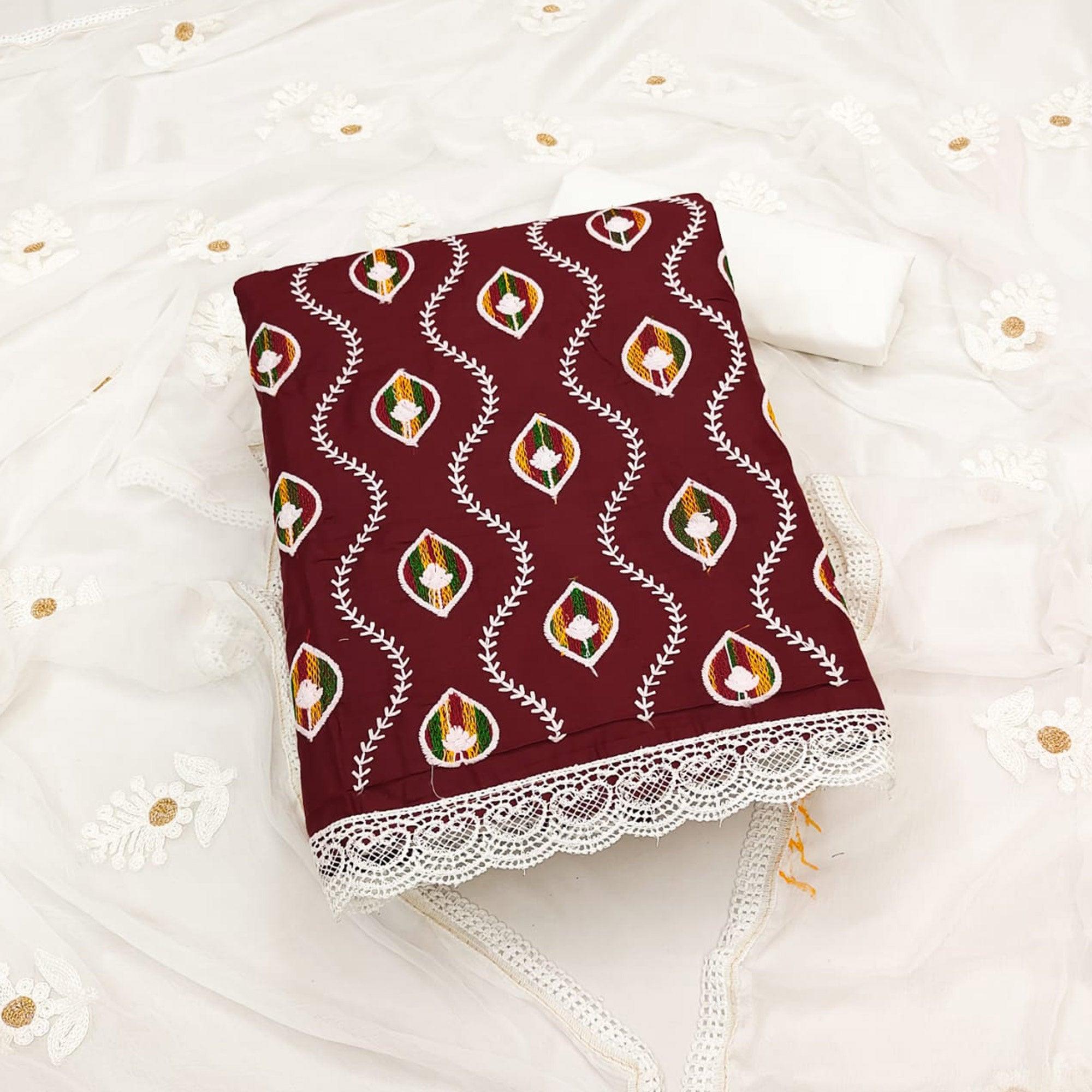 Peachmode Maroon Floral Embroidered Pure Cotton Dress Material