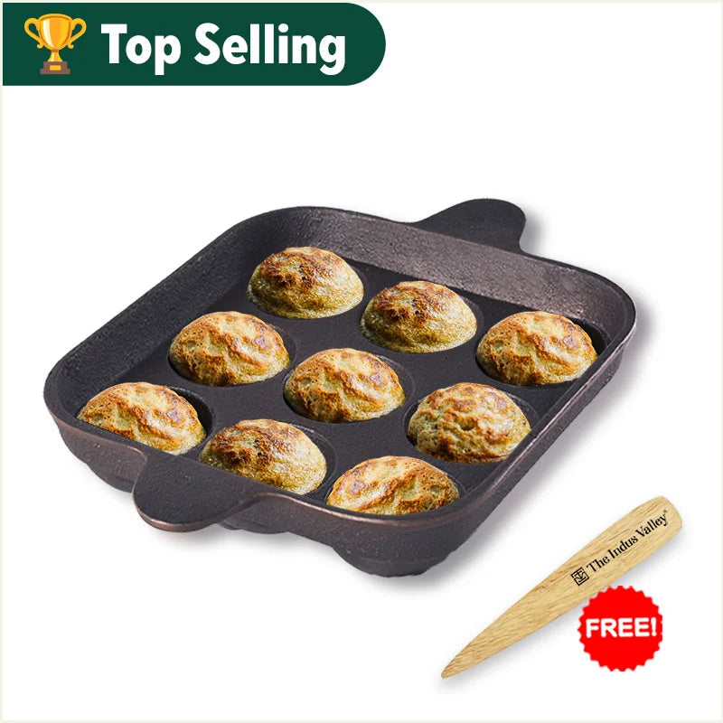 The Indus Valley 9 Pit/Cup CASTrong Cast Iron Paniyaram/Appe Pan+ Free Spatula, Pre-seasoned, Natural Nonstick, 100% Pure, Toxin-free, 24 cm, 1.34 kg - view 2