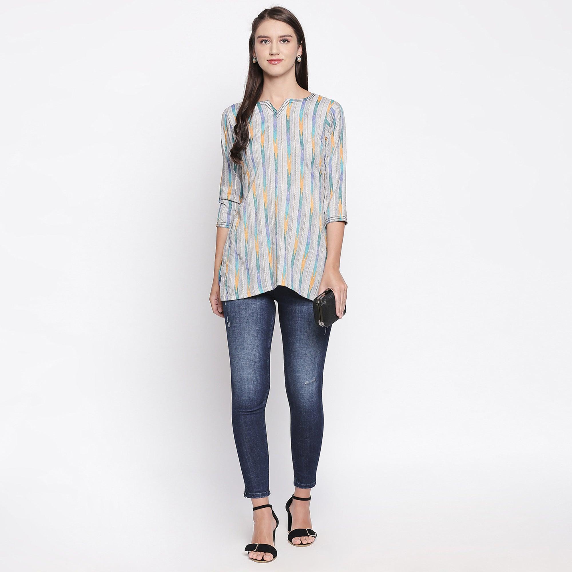 Peachmode Grey Printed Pure Cotton Top - view 7