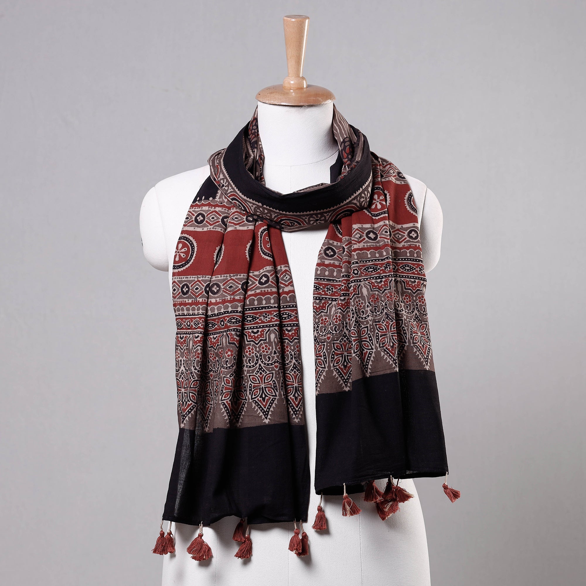 RIYAZ ABDULMAJID KHATRI - AJRAKH Black - Ajrakh Block Printed Mul Cotton Stole with Tassels