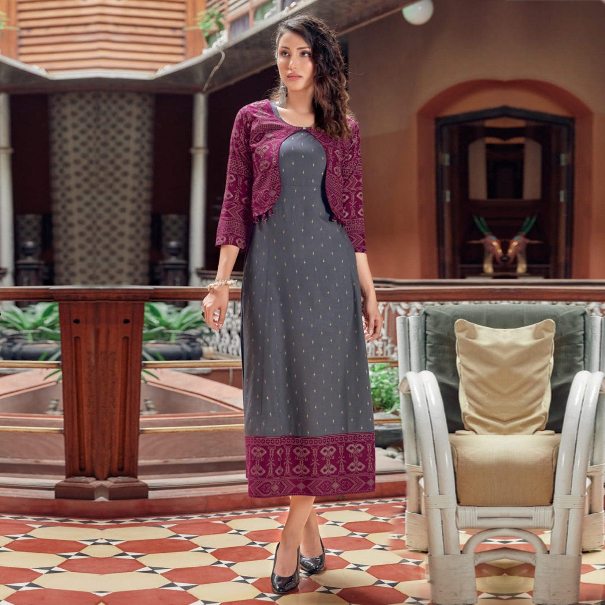 Peachmode Seller Grey Printed Rayon Anarkali Kurti - view 2