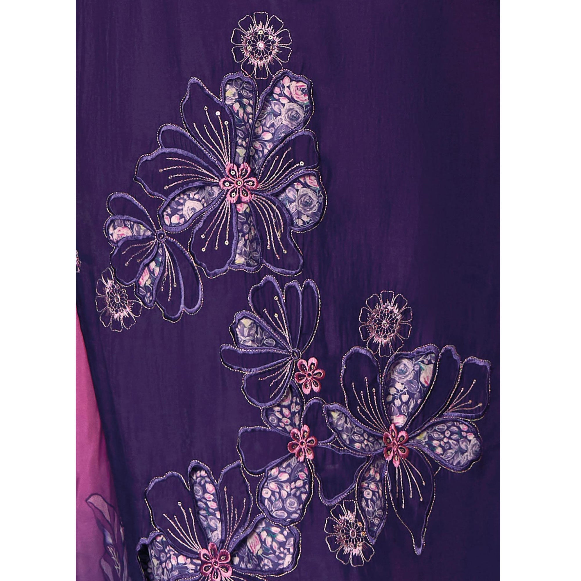 Peachmode Purple Floral Handwork Embroidered Viscose Salwar Suit - view 5
