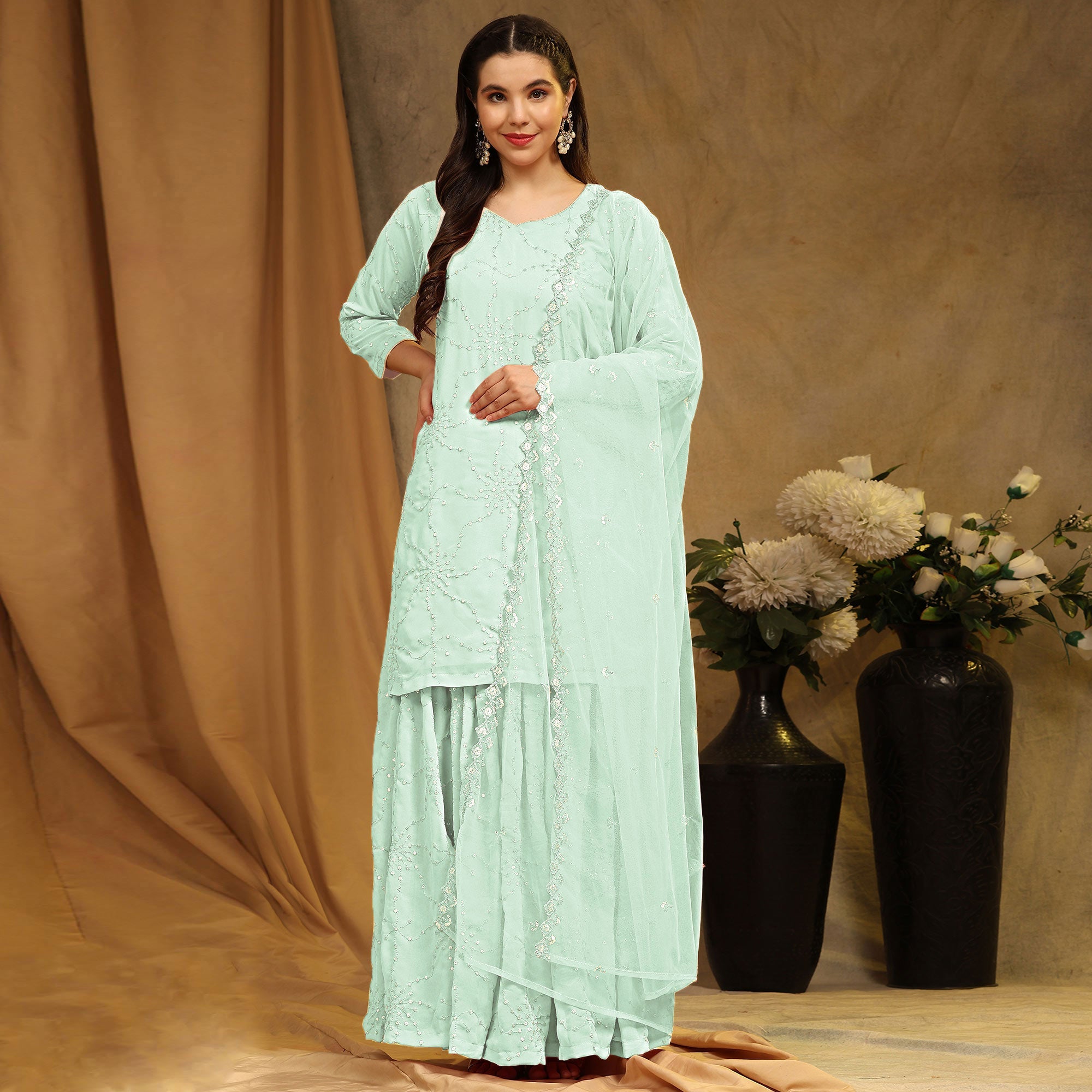 BlackTree green-embroidered-georgette-semi-stitched-sharara-suit-1 - view 2