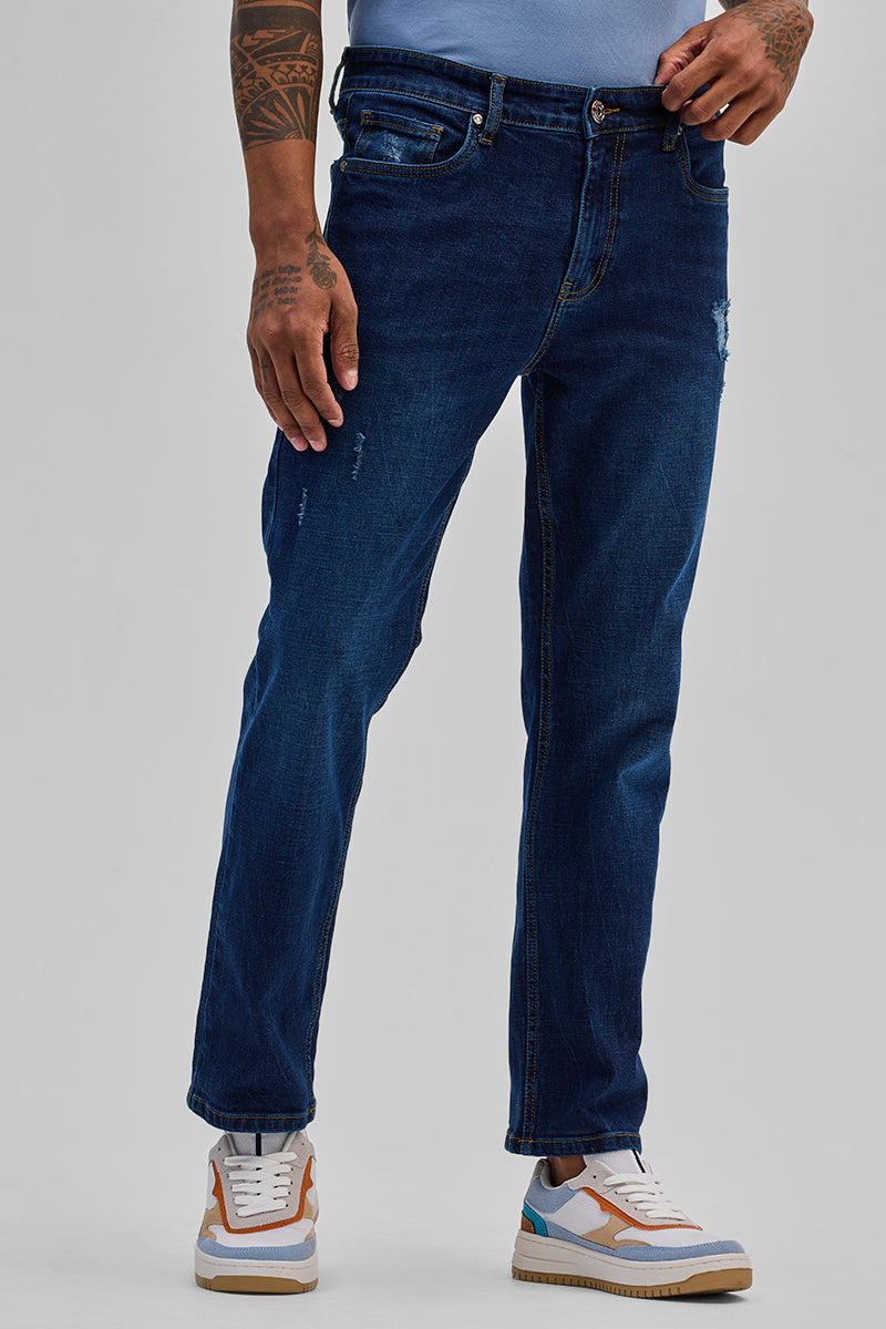 SNITCH Dark Blue Distressed Regular Fit Jeans