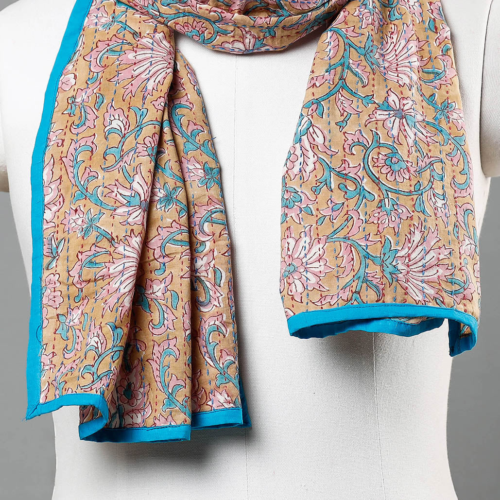 ARTISAN HAND BLOCK PRINTS Beige - Sanganeri Block Printed Tagai Work Cotton Stole - view 3