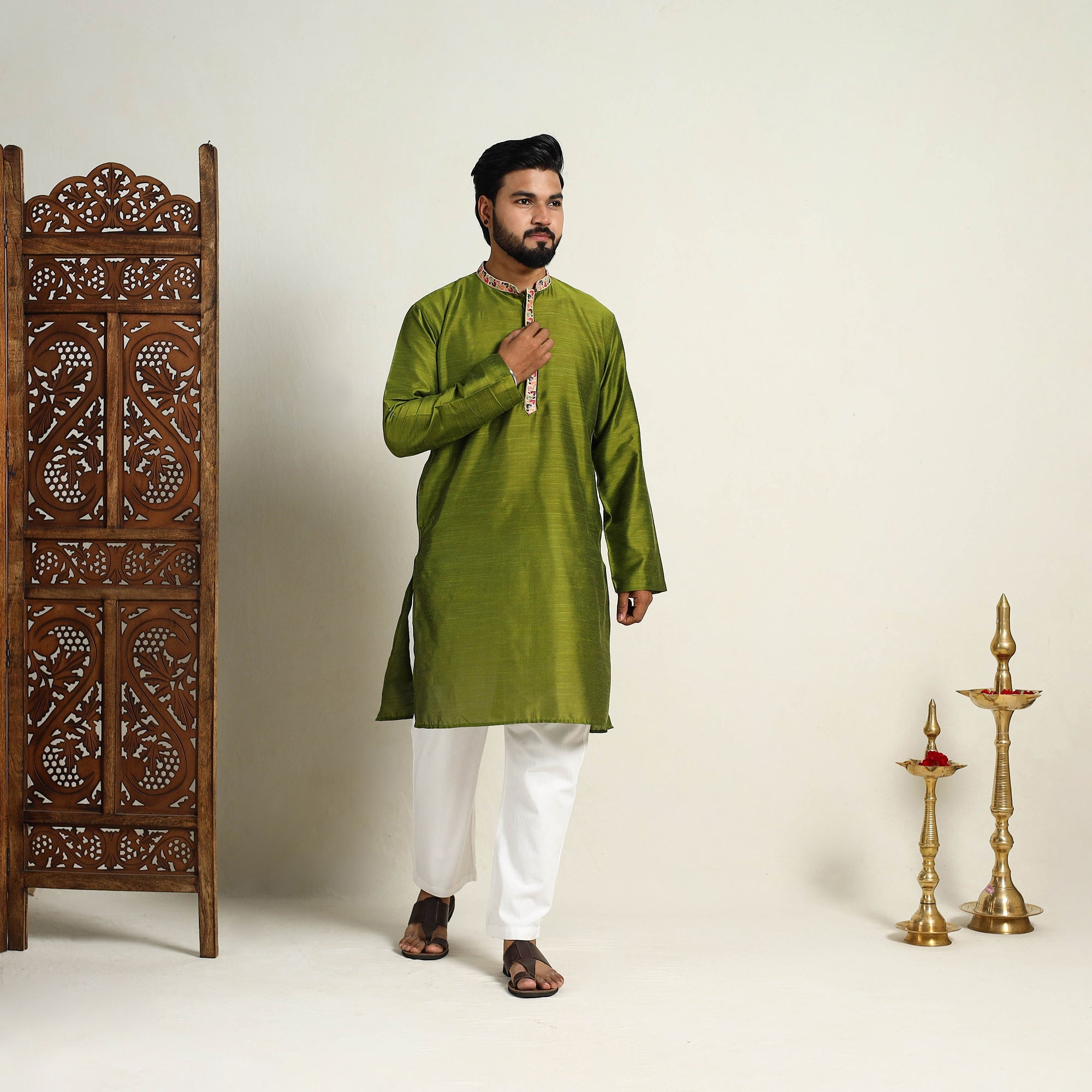 ITOKRI CASUALS Avacado Green - Slub Silk Kurta for Men with Detailed Neckline Work 11