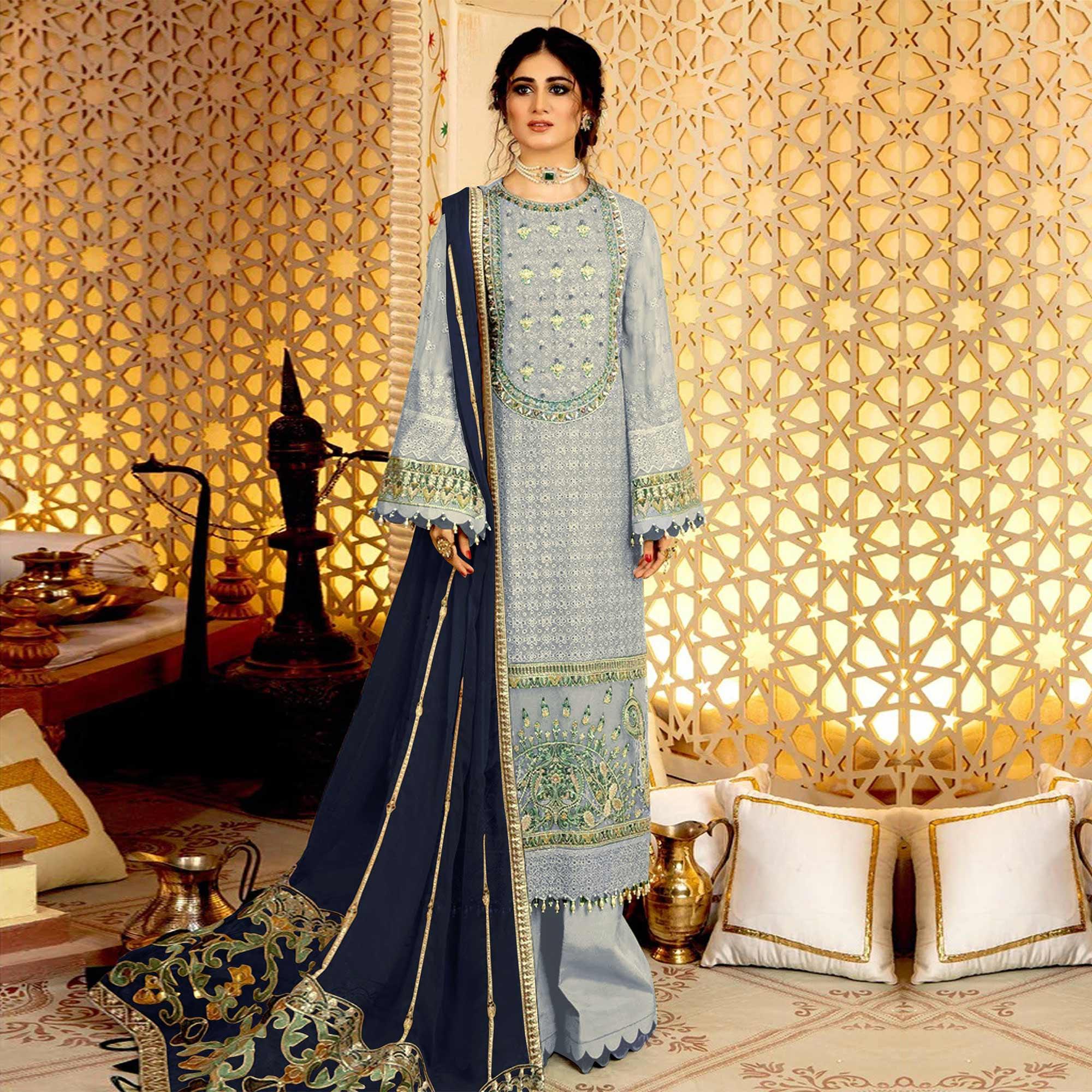 Peachmode Light Lavender Embellished With Embroidered Georgette Pakistani Suit - view 2