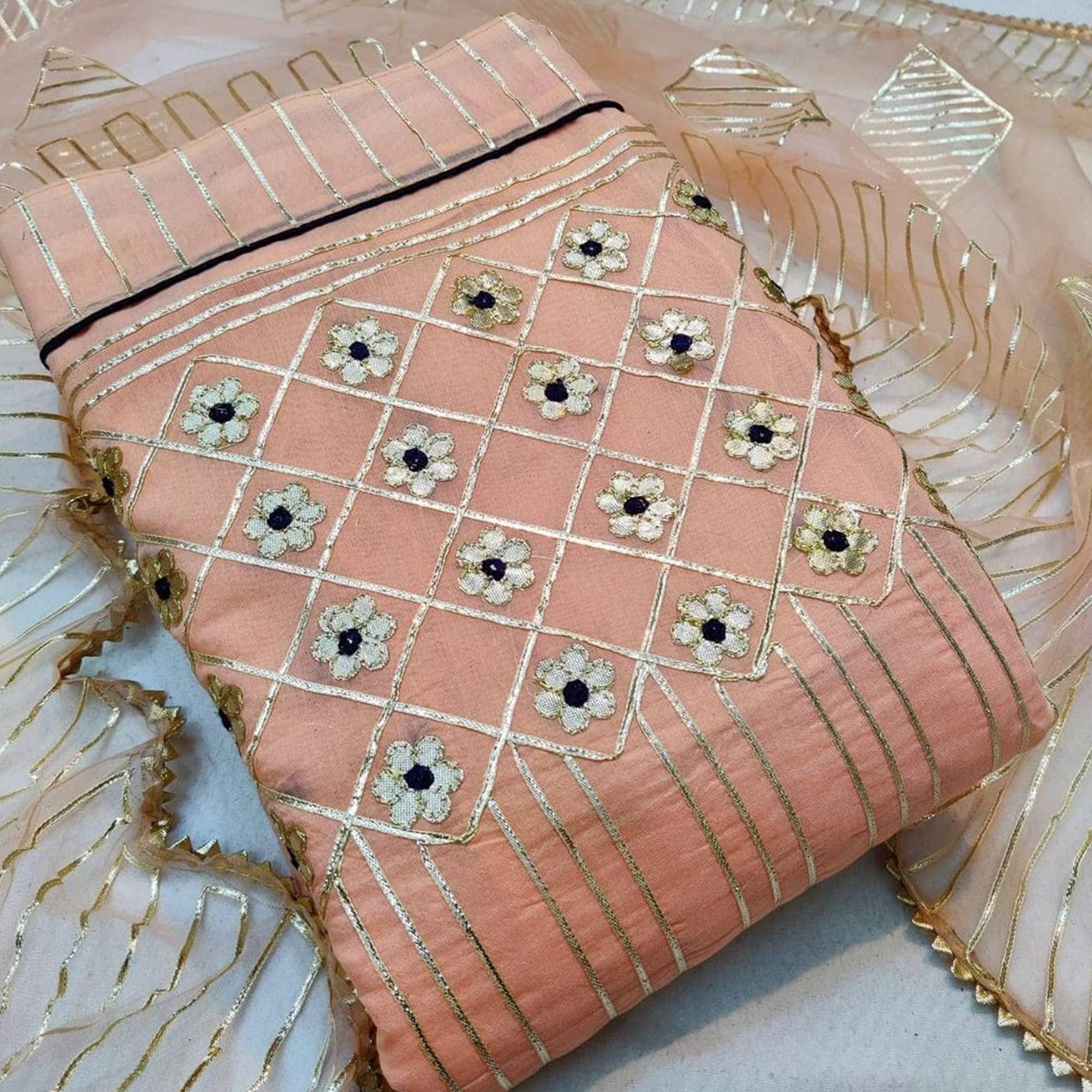 Peachmode Mesmerising Peach Colored Casual Wear Lace Work Chanderi Dress Material