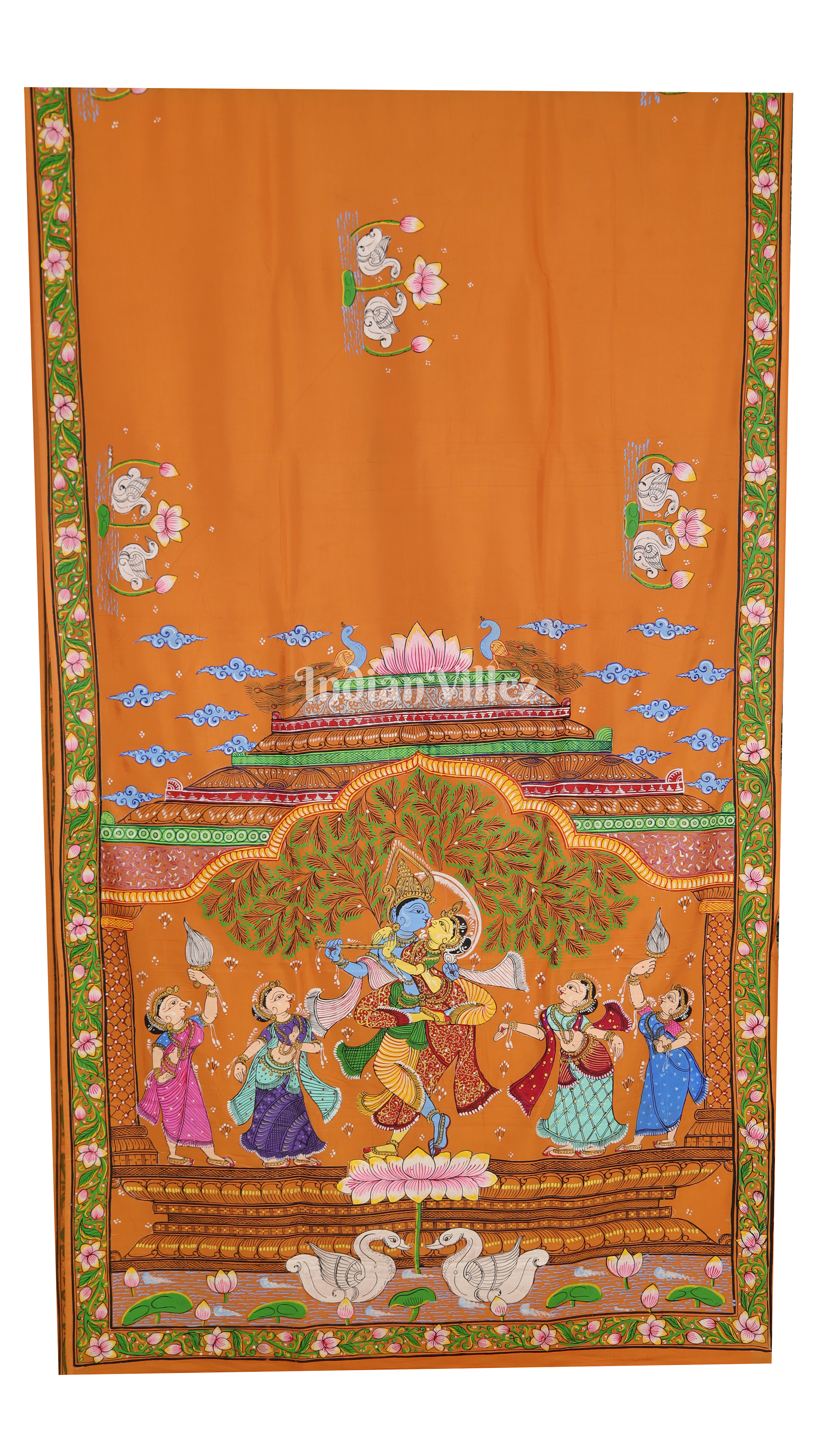 IndianVillèz Neon Orange Radha Krishna Jugal Jodi Theme Hand-Painted Pattachitra Saree
