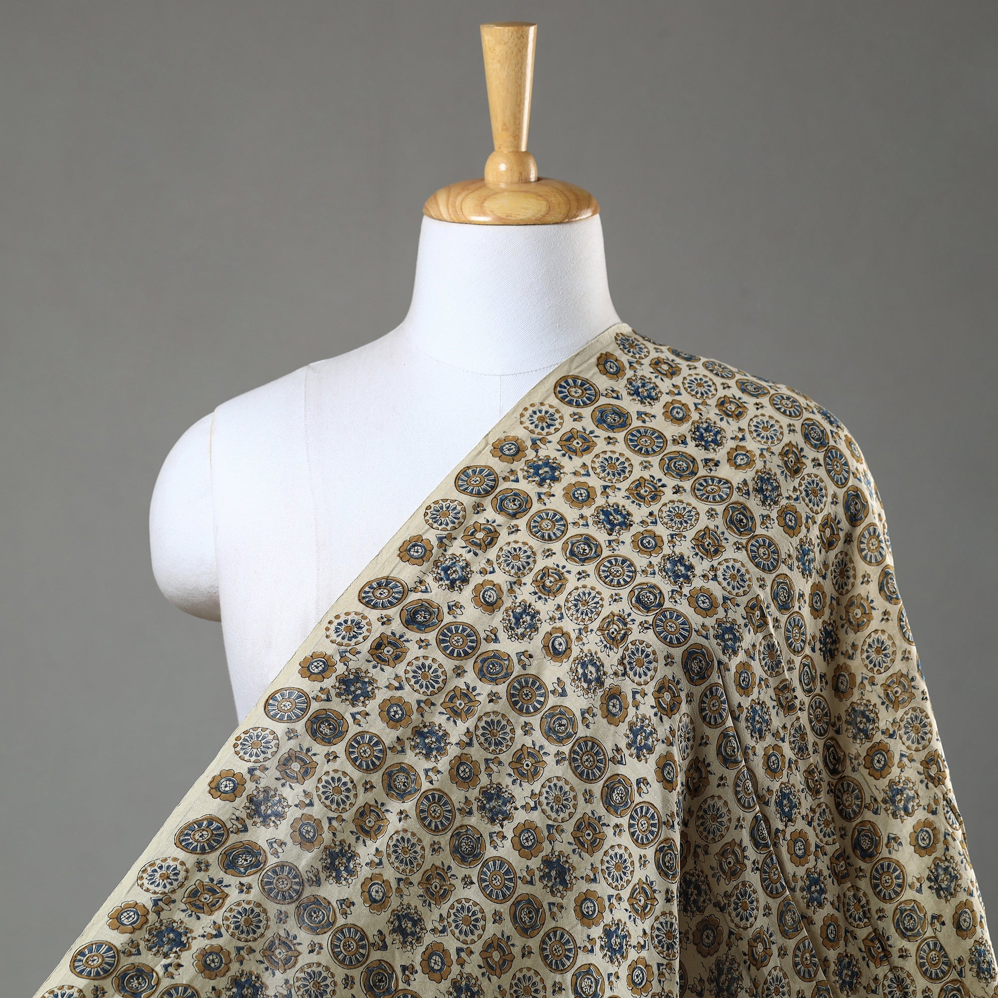 AJRAKH BY SUFIYAN ISMAIL KHATRI Beige - Ajrakh Block Printed Natural Dyed Chanderi Silk Fabric 04