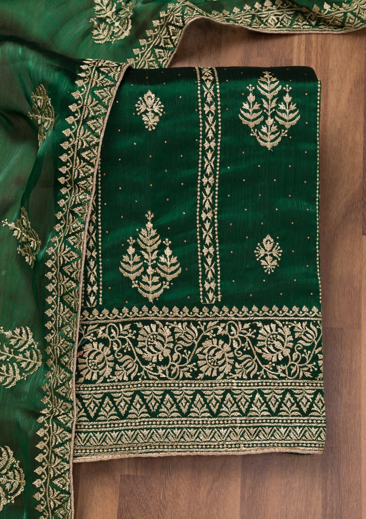 Koskii Bottle Green Zariwork Semi Crepe Unstitched Salwar Suit - view 5