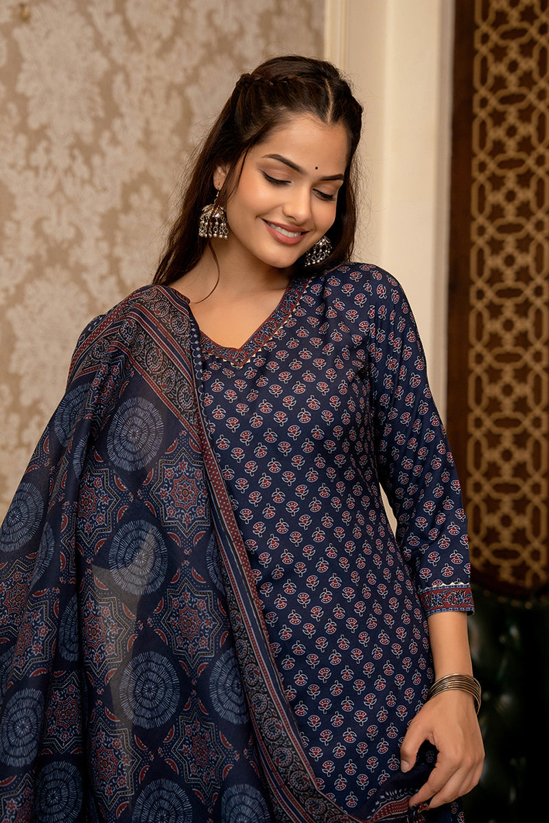 Ahika Navy Blue Rayon Blend Ajrakh Printed Straight Trouser Suit Set PKSKD2647 - view 2