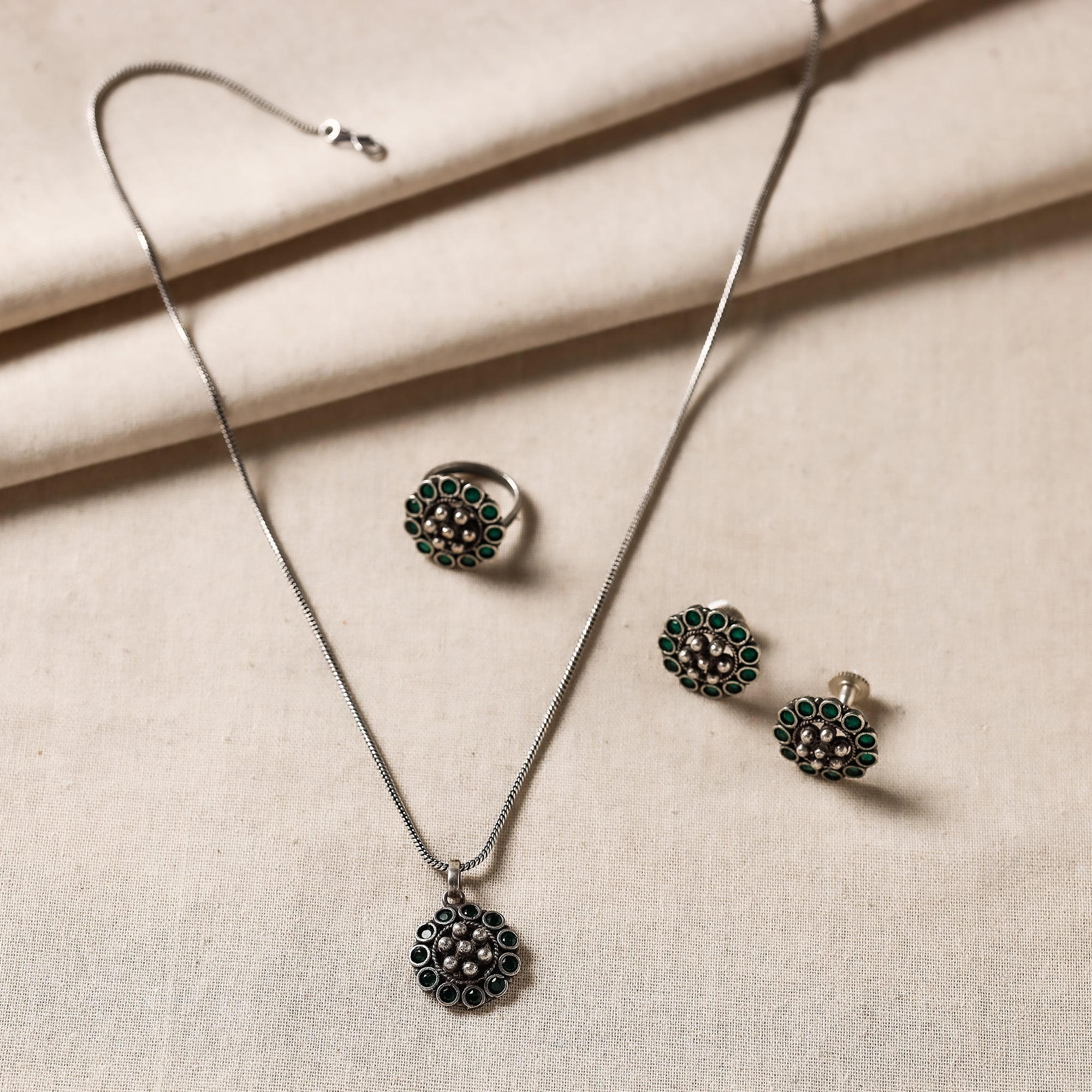 WHITE RIVER STORIES Antique Silver Finish Oxidised Brass Base Stone Work Necklace Set with Ring - view 2