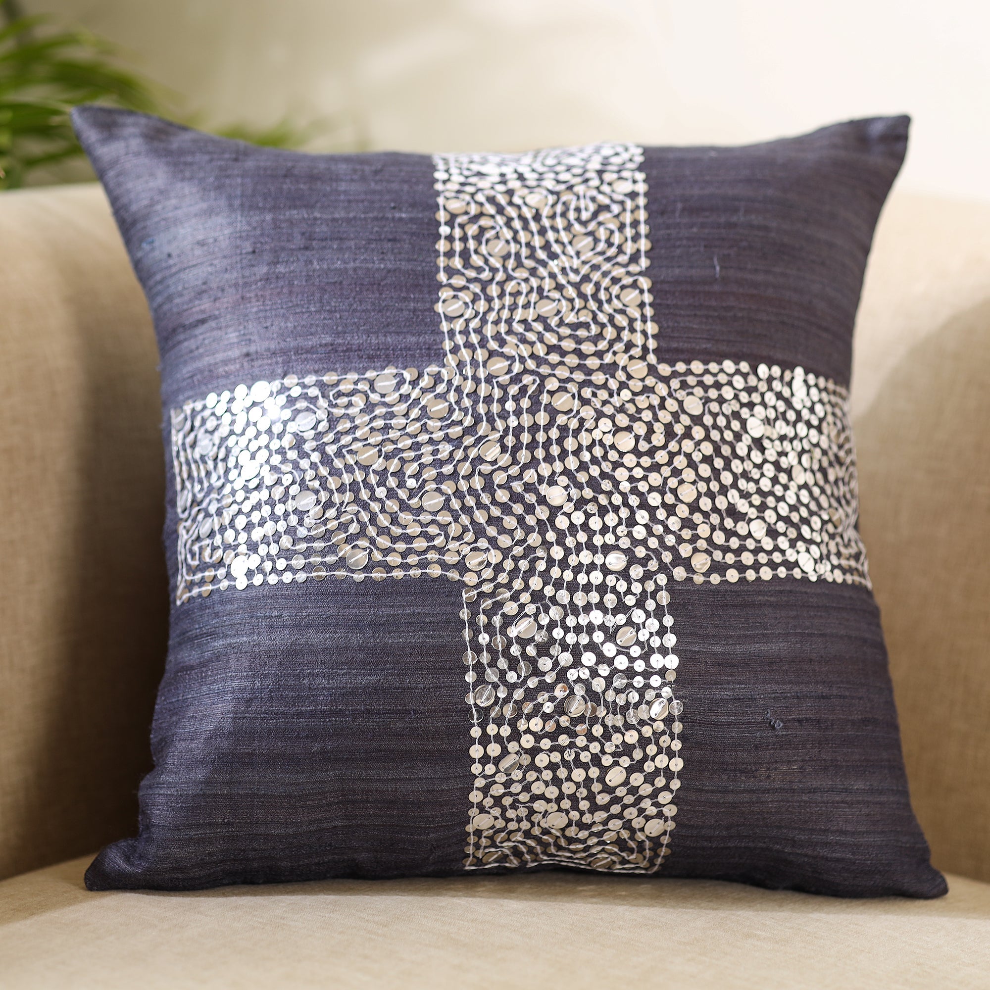 CHHATTISGARH HASTSHILP VIKAS BOARD Black - Aari Embroidery Sequin Work Ghicha Silk Cushion Cover (16 x 16 in) - view 2