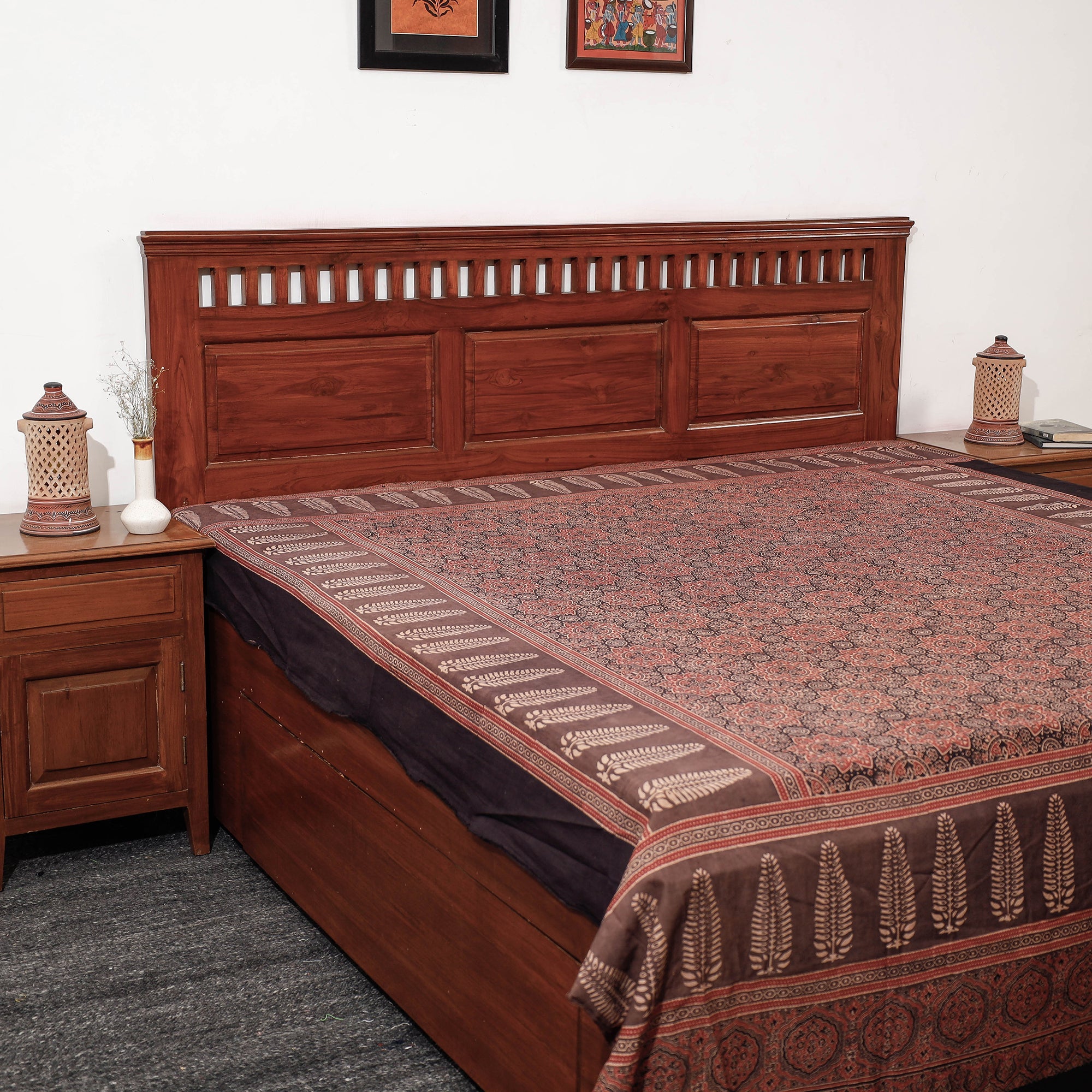 KACHCHH JI CHHAAP Brown - Ajrakh Block Printed Cotton Double Bed Cover (108 x 90 in)