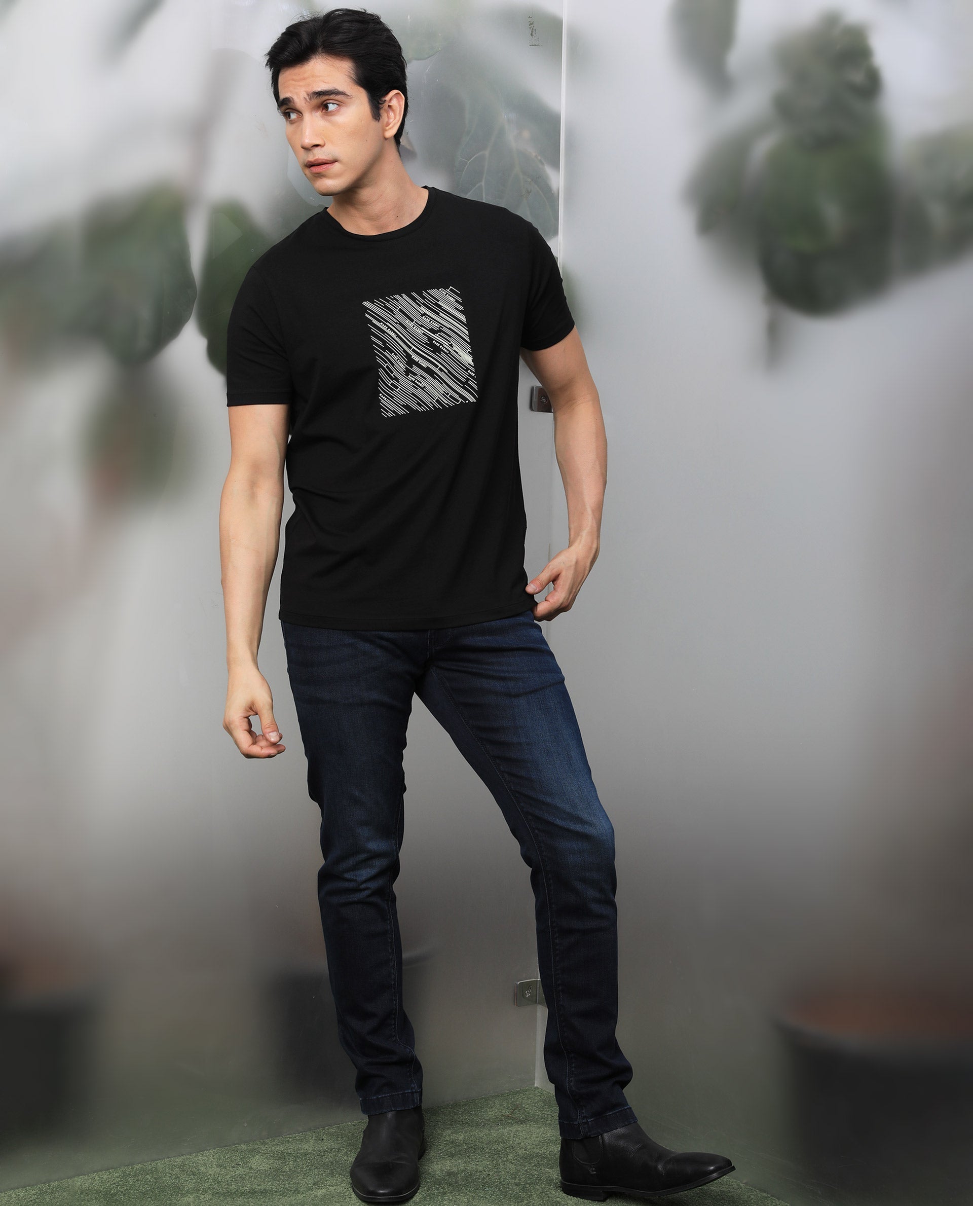 Rare Rabbit Men's Otter Black Cotton Lycra Fabric Half Sleeves Graphic Print T-Shirt - view 2