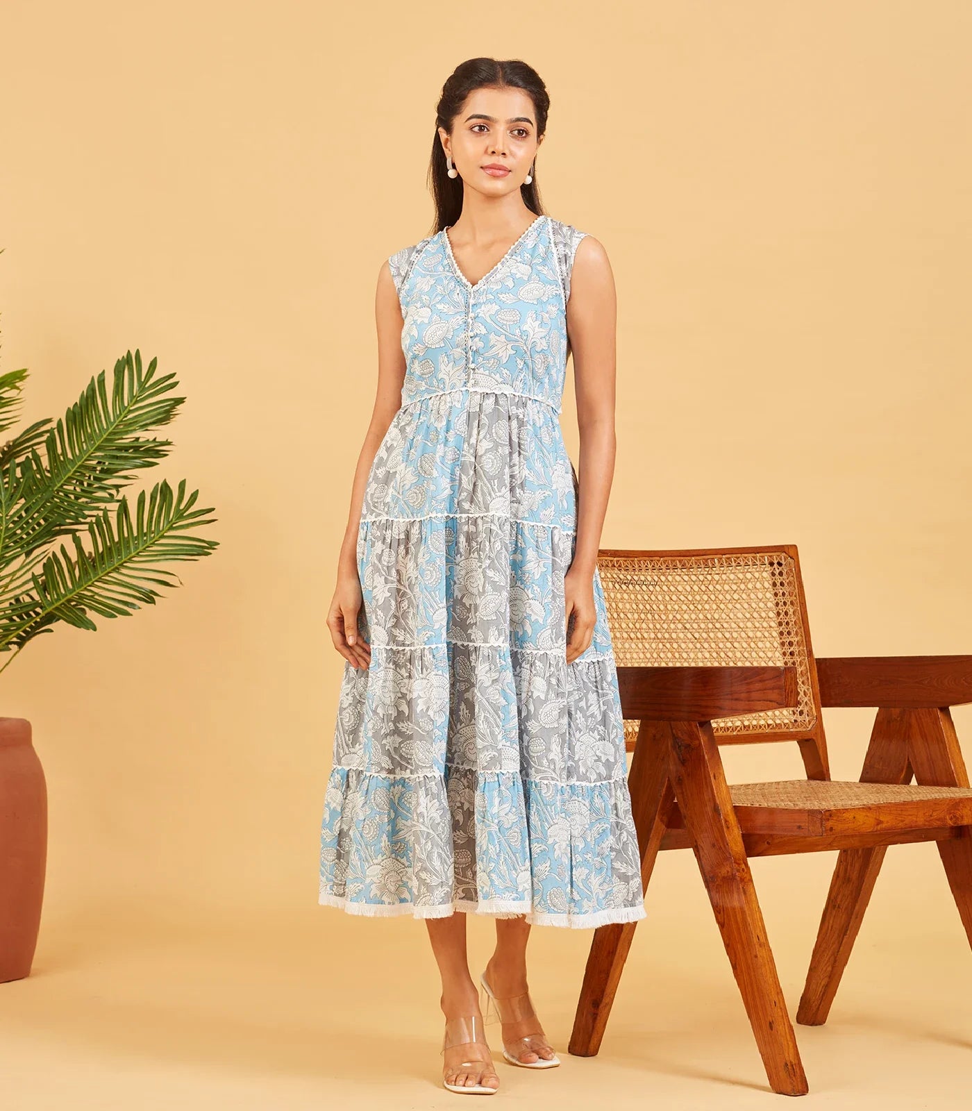 RmKV Blue And Grey Printed Floral Dress