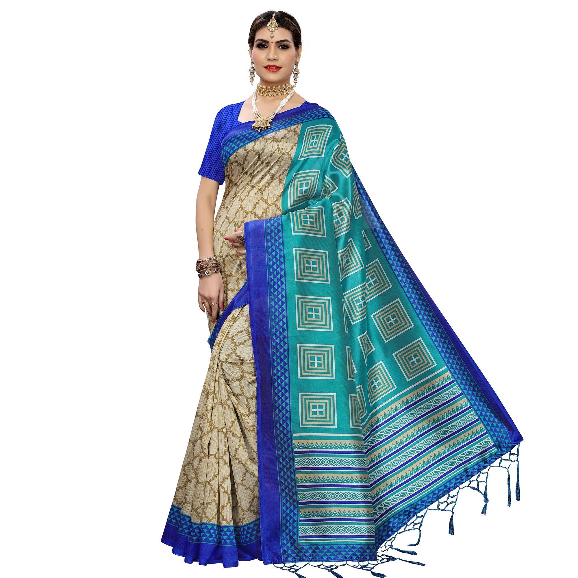 Peachmode Hypnotic Beige-Rama Green Colored Casual Printed Art Silk Saree