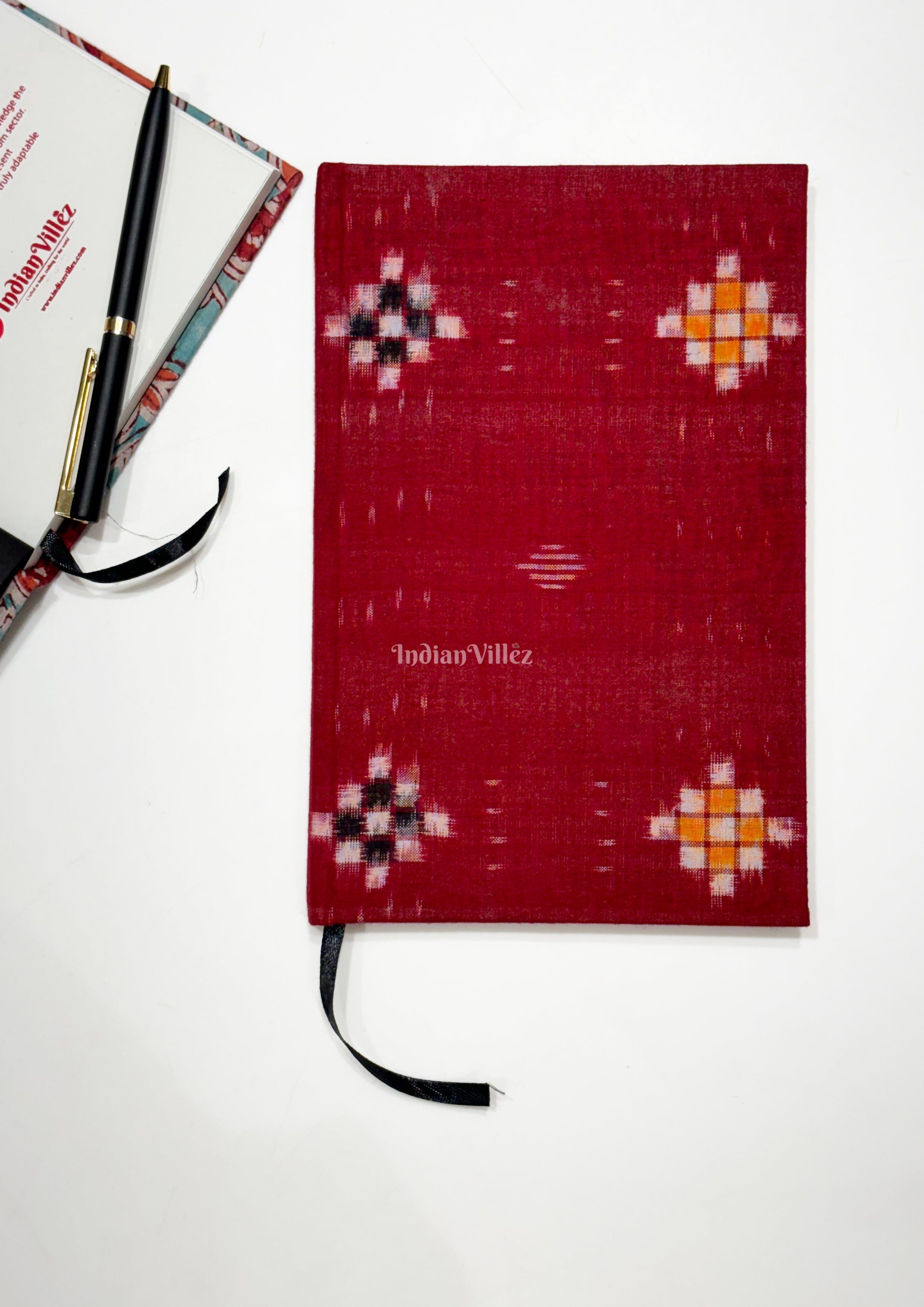 IndianVillèz Red Pasapali Theme Handmade Ikat Woven Cotton Fabric Cover Diary