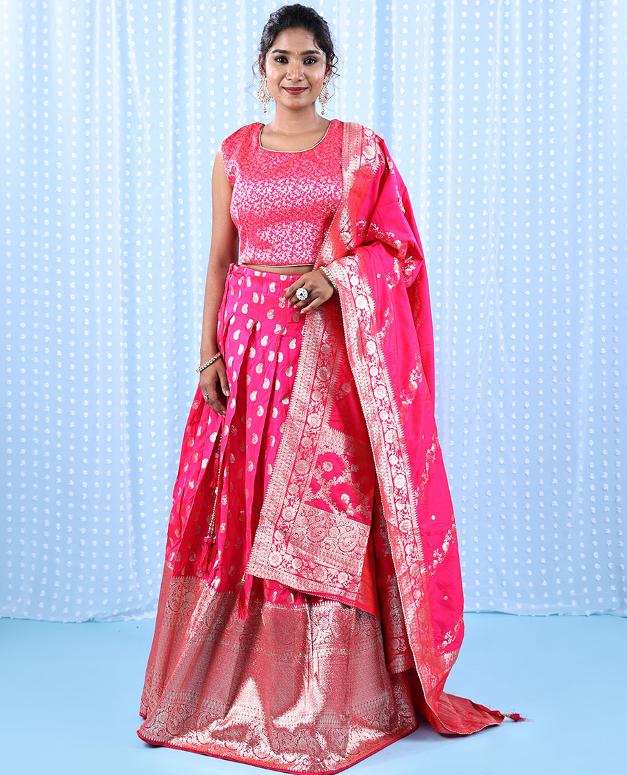 TheShoppothys Fuschia banarasi readymade lehenga, floral jaal crop top, paisley motifs & intricate jacquard skirt & banarasi dupatta